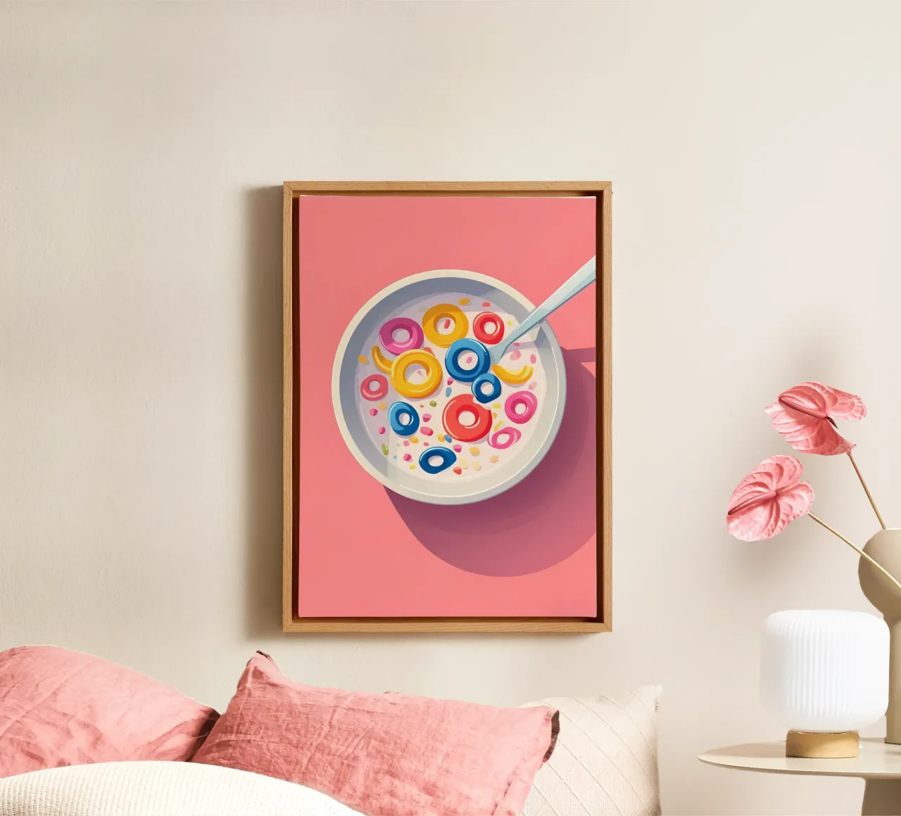 Fruitig Graan Retro Beeldverhaal Ontbijt Pop Art Print canvas met Baklijst van NorwesClub