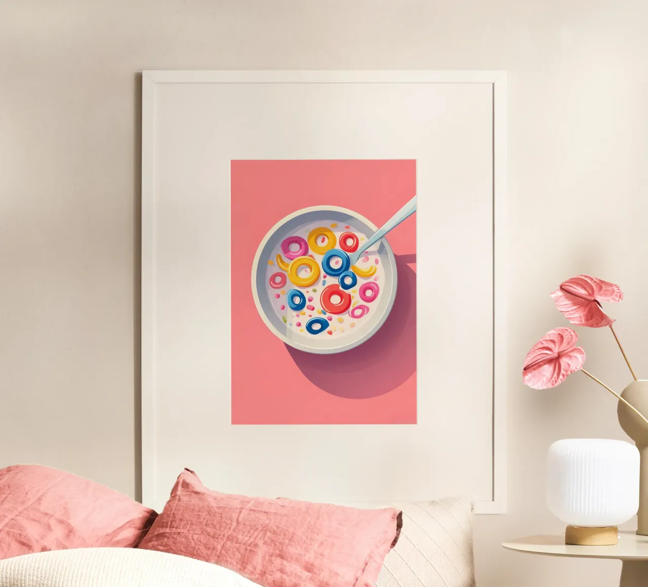 Fruitig Graan Retro Beeldverhaal Ontbijt Pop Art Print poster met aluminium frame van NorwesClub