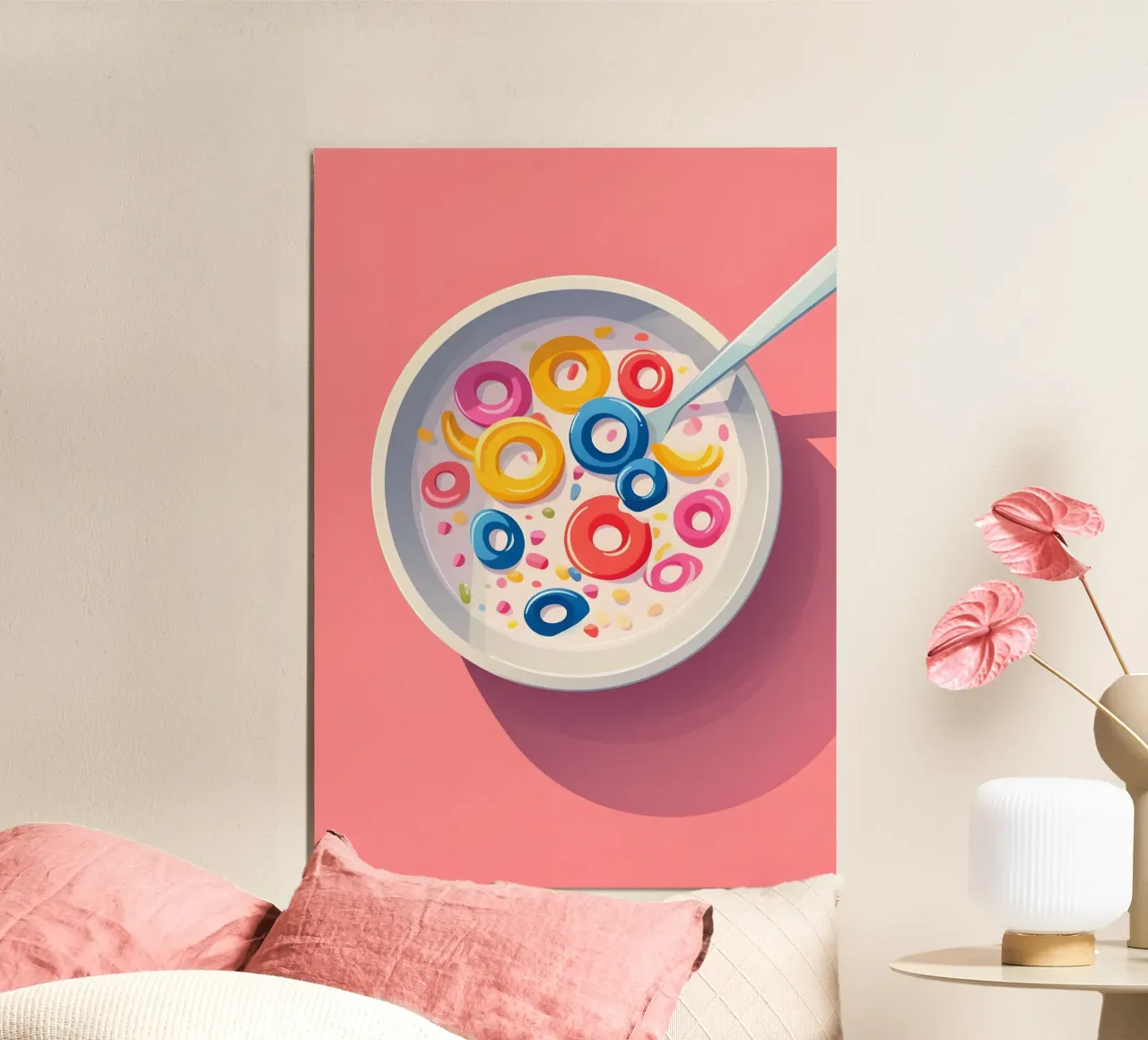 Fruitig Graan Retro Beeldverhaal Ontbijt Pop Art Print poster met aluminium frame van NorwesClub