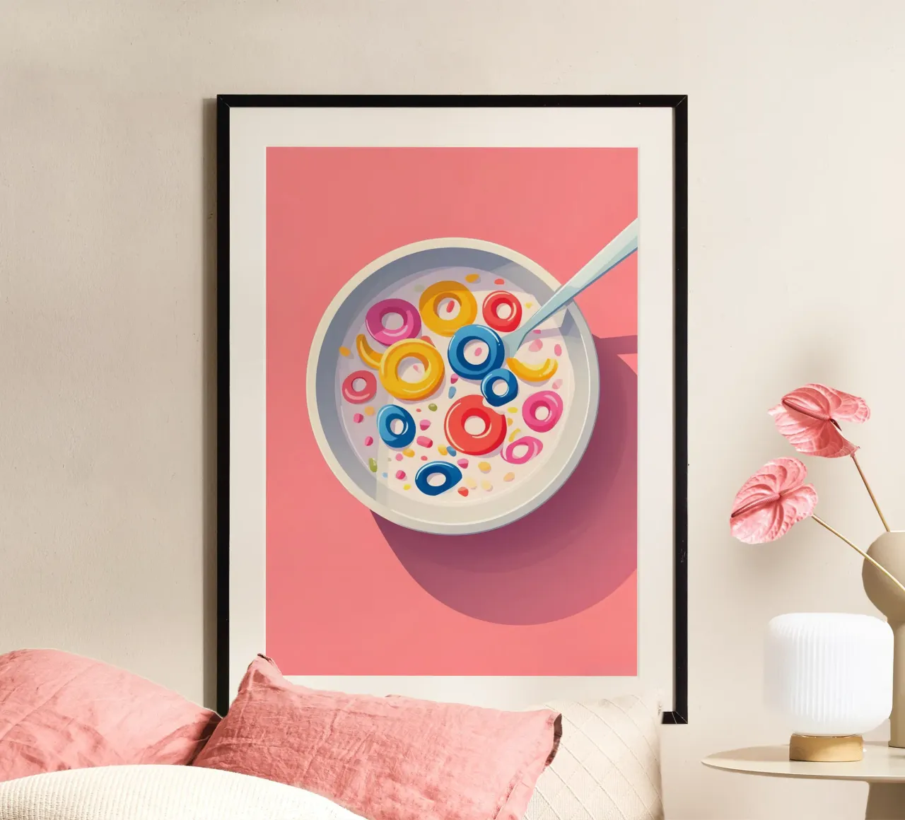 Fruitig Graan Retro Beeldverhaal Ontbijt Pop Art Print poster met aluminium frame van NorwesClub