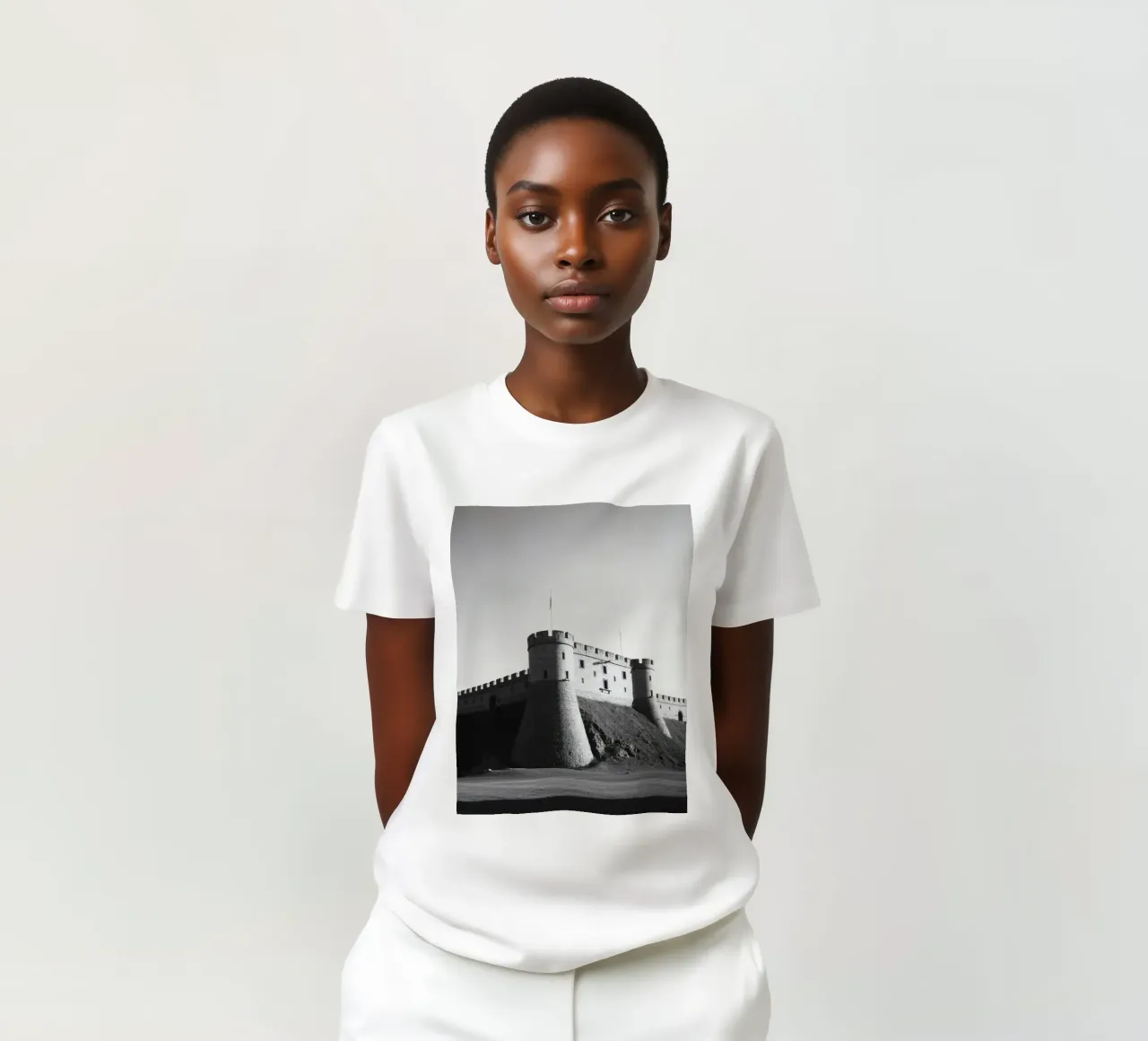 Lo storico castello in pietra si erge sulla cima di una collina sotto un cielo limpido t-shirt da DesignDoodle