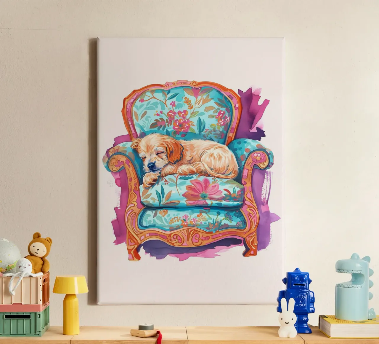 Perro caprichoso en la silla de dibujos animados de mediados de siglo Pop Ar lienzo con Marco flotante de NorwesClub