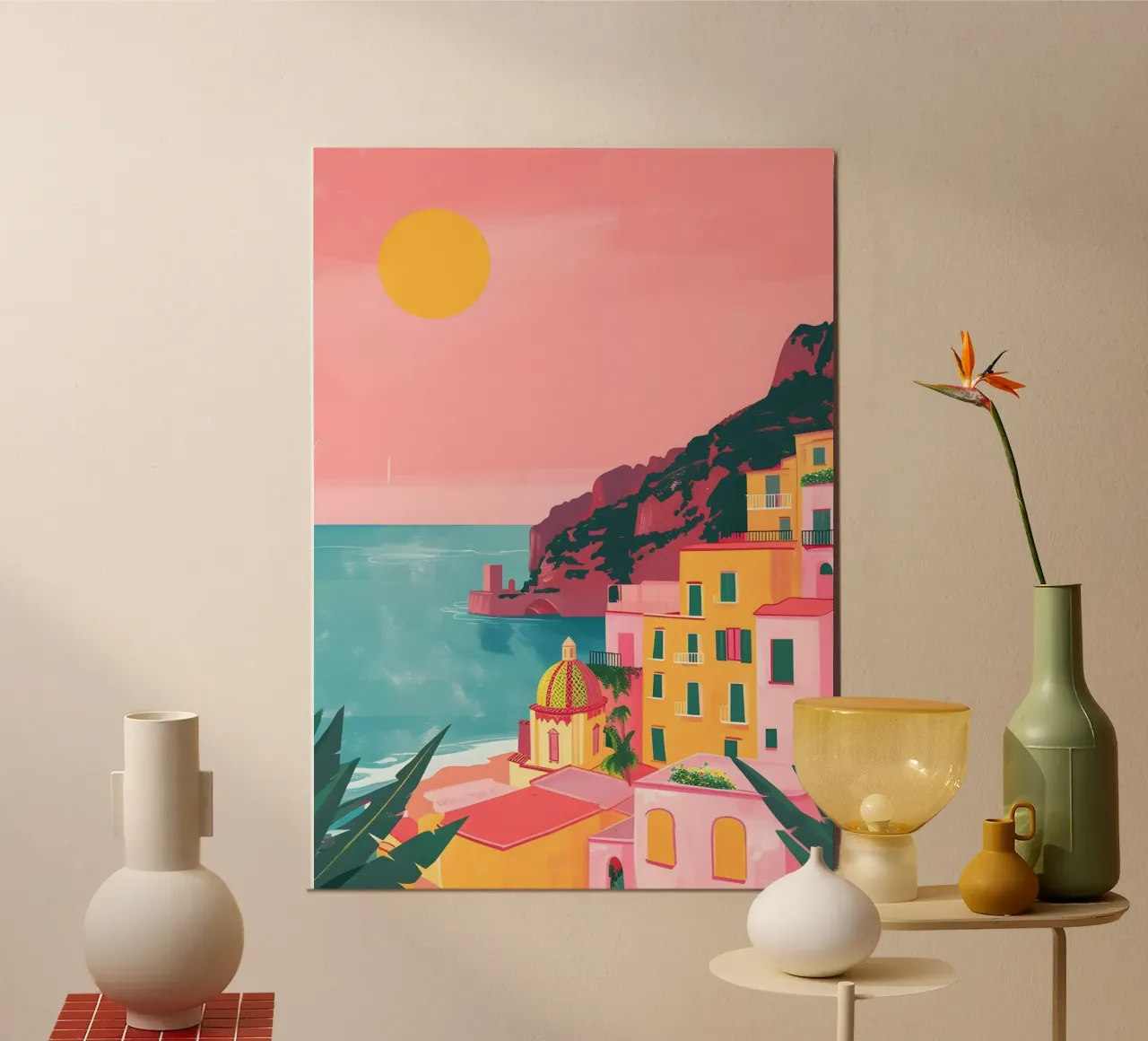 Retro Amalfiküste Mittelmeer Reise Pop Art Druck Poster mit Kunststoffrahmen von NorwesClub