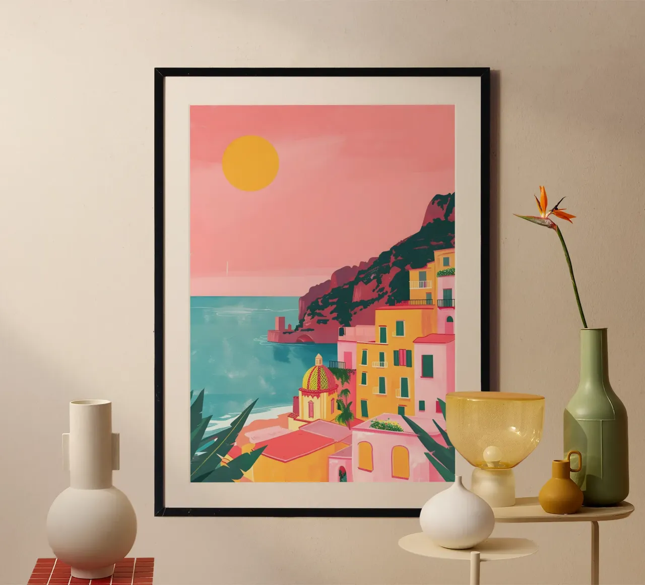 Retro Amalfiküste Mittelmeer Reise Pop Art Druck Poster mit Kunststoffrahmen von NorwesClub