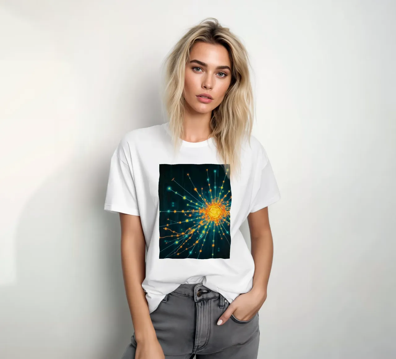 Représentation colorée de la collision d'une particule avec un élément énergétique t-shirt de DesignDoodle