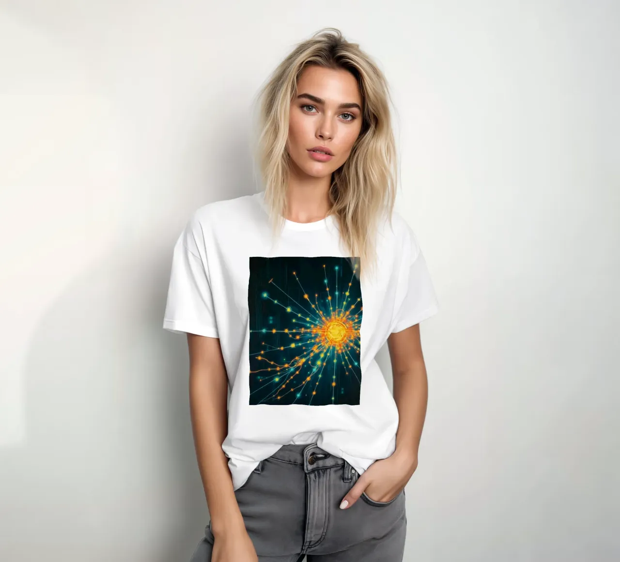 Représentation colorée de la collision d'une particule avec un élément énergétique t-shirt de DesignDoodle