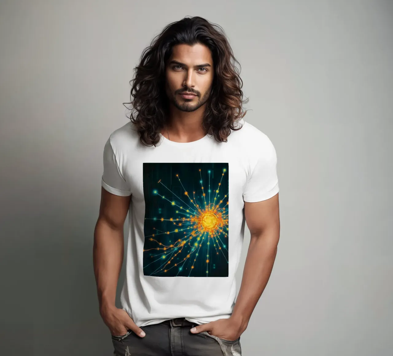 Représentation colorée de la collision d'une particule avec un élément énergétique t-shirt de DesignDoodle