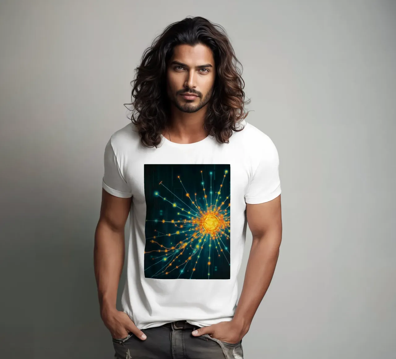 Représentation colorée de la collision d'une particule avec un élément énergétique t-shirt de DesignDoodle