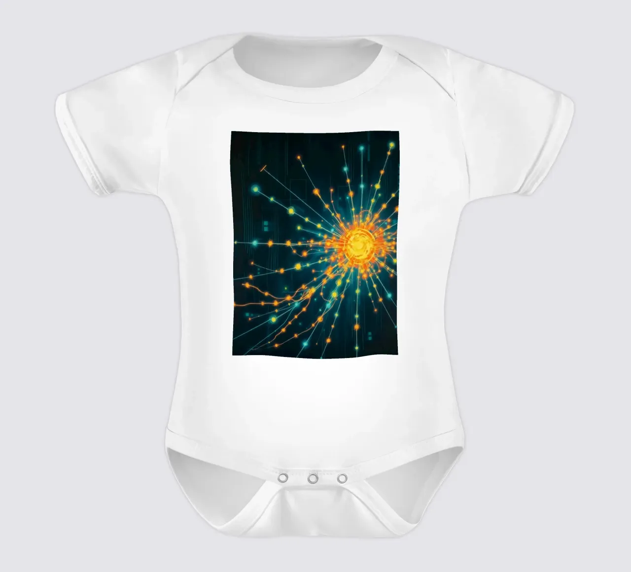Colorful representation of particle collision with energetic short-sleeve baby romper by DesignDoodle