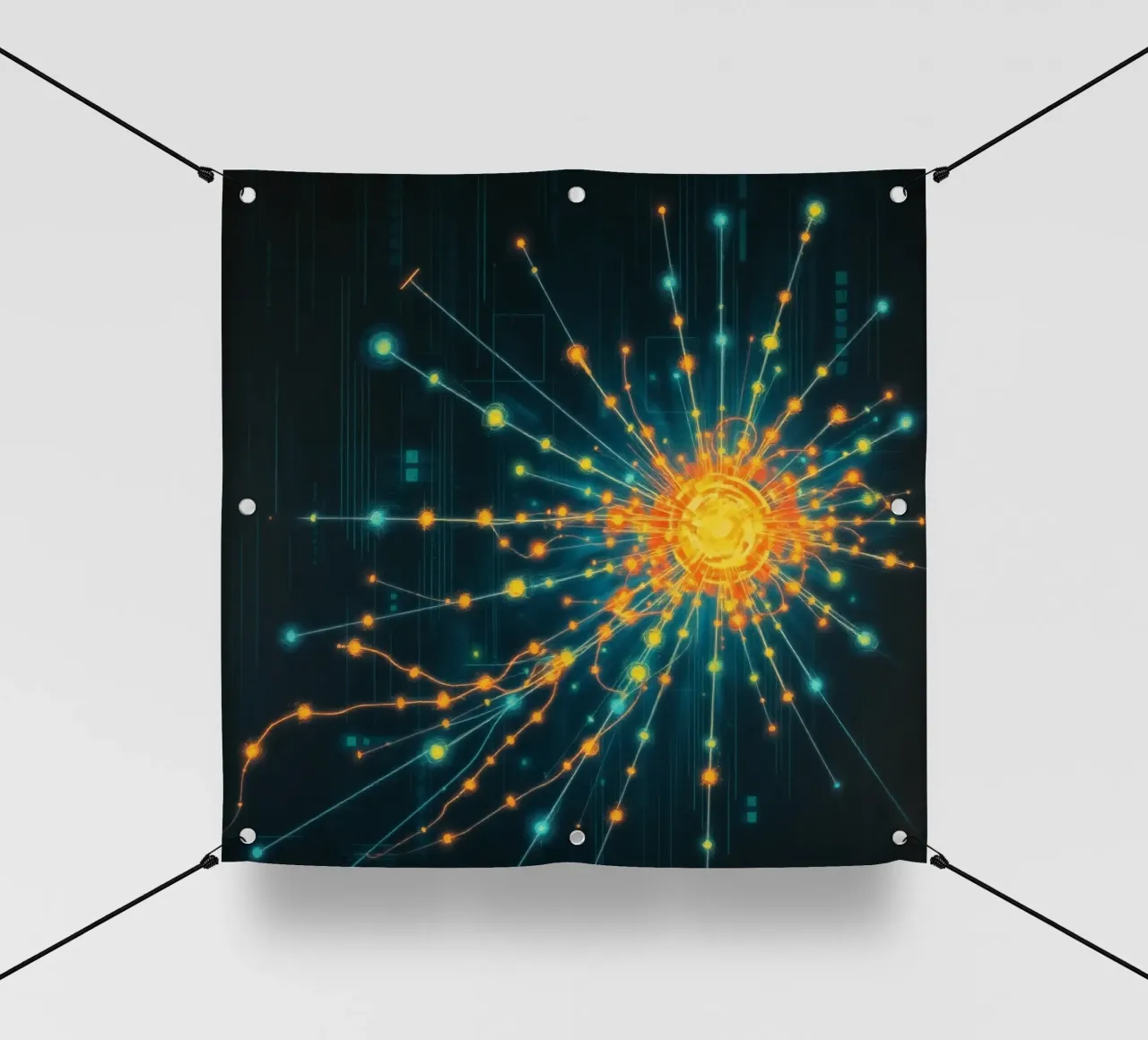 Représentation colorée de la collision d'une particule avec un élément énergétique bâche pvc de DesignDoodle