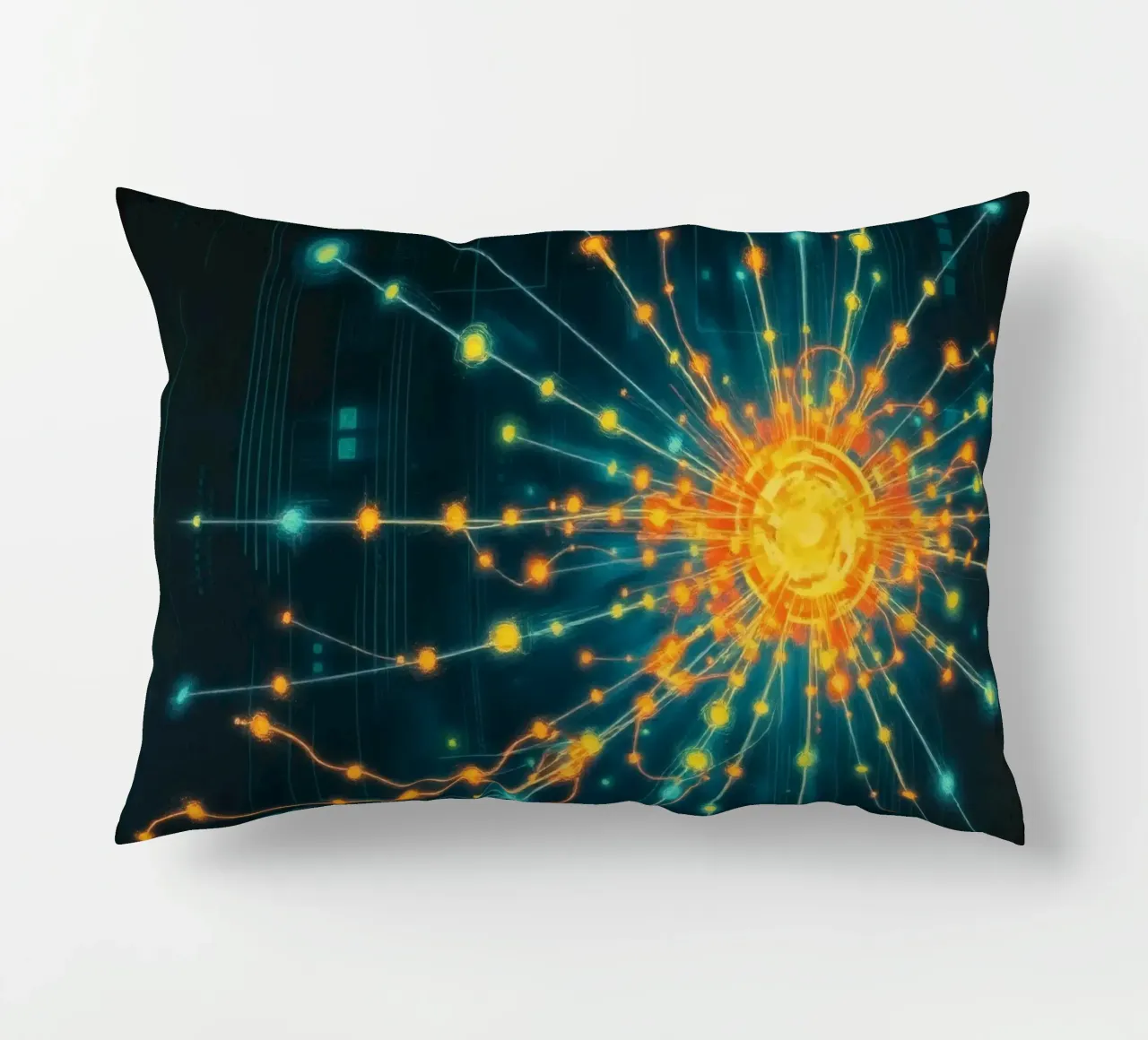 Représentation colorée de la collision d'une particule avec un élément énergétique coussin de DesignDoodle