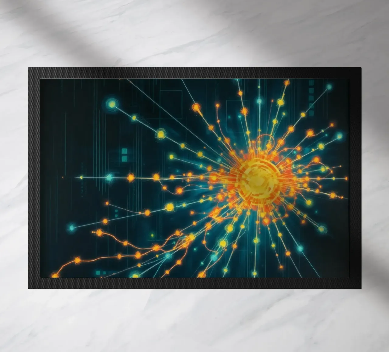 Colorful representation of particle collision with energetic doormat by DesignDoodle