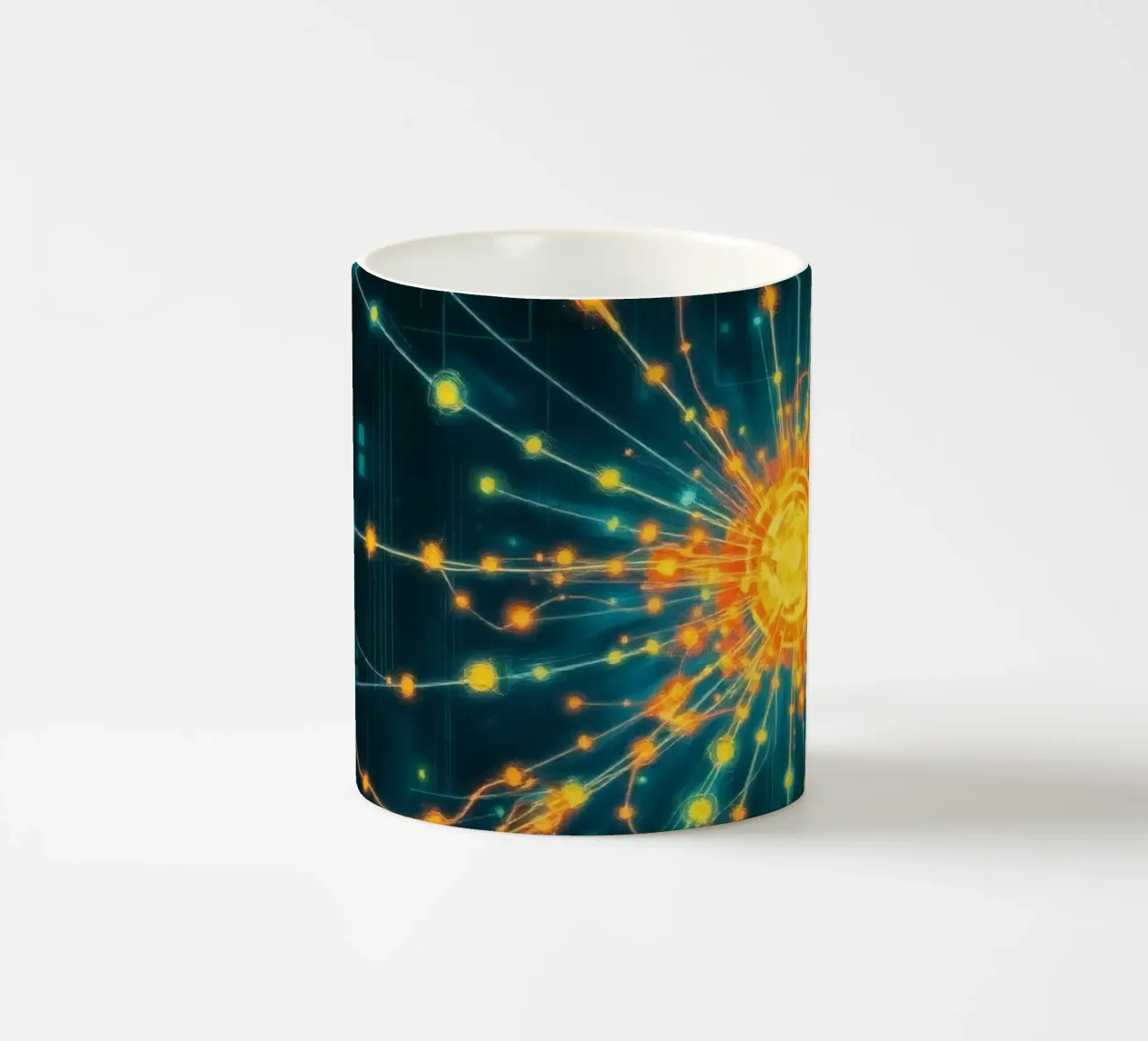 Rappresentazione colorata della collisione di particelle con un'energia tazza in ceramica da DesignDoodle