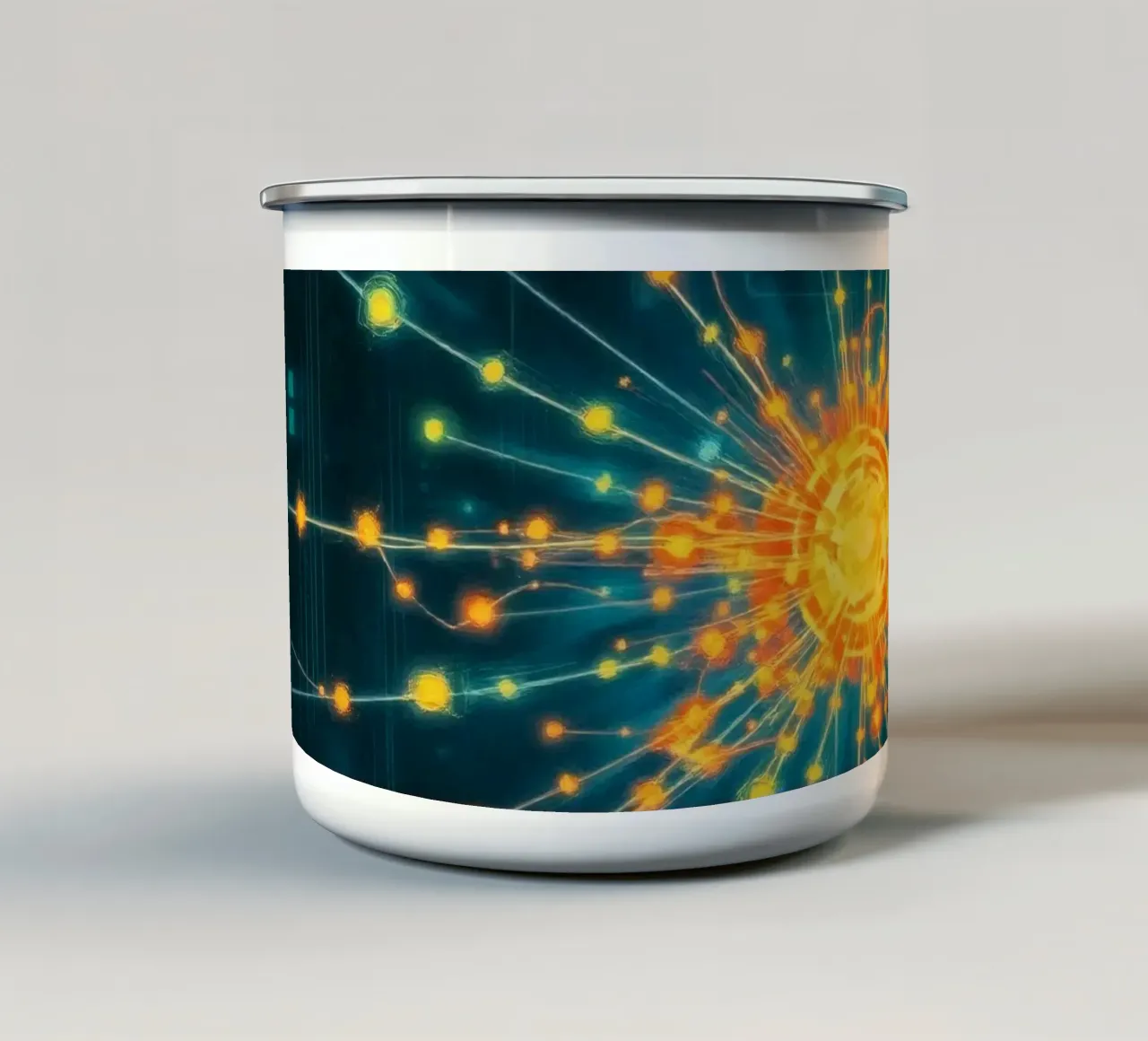 Représentation colorée de la collision d'une particule avec un élément énergétique mug en émail de DesignDoodle