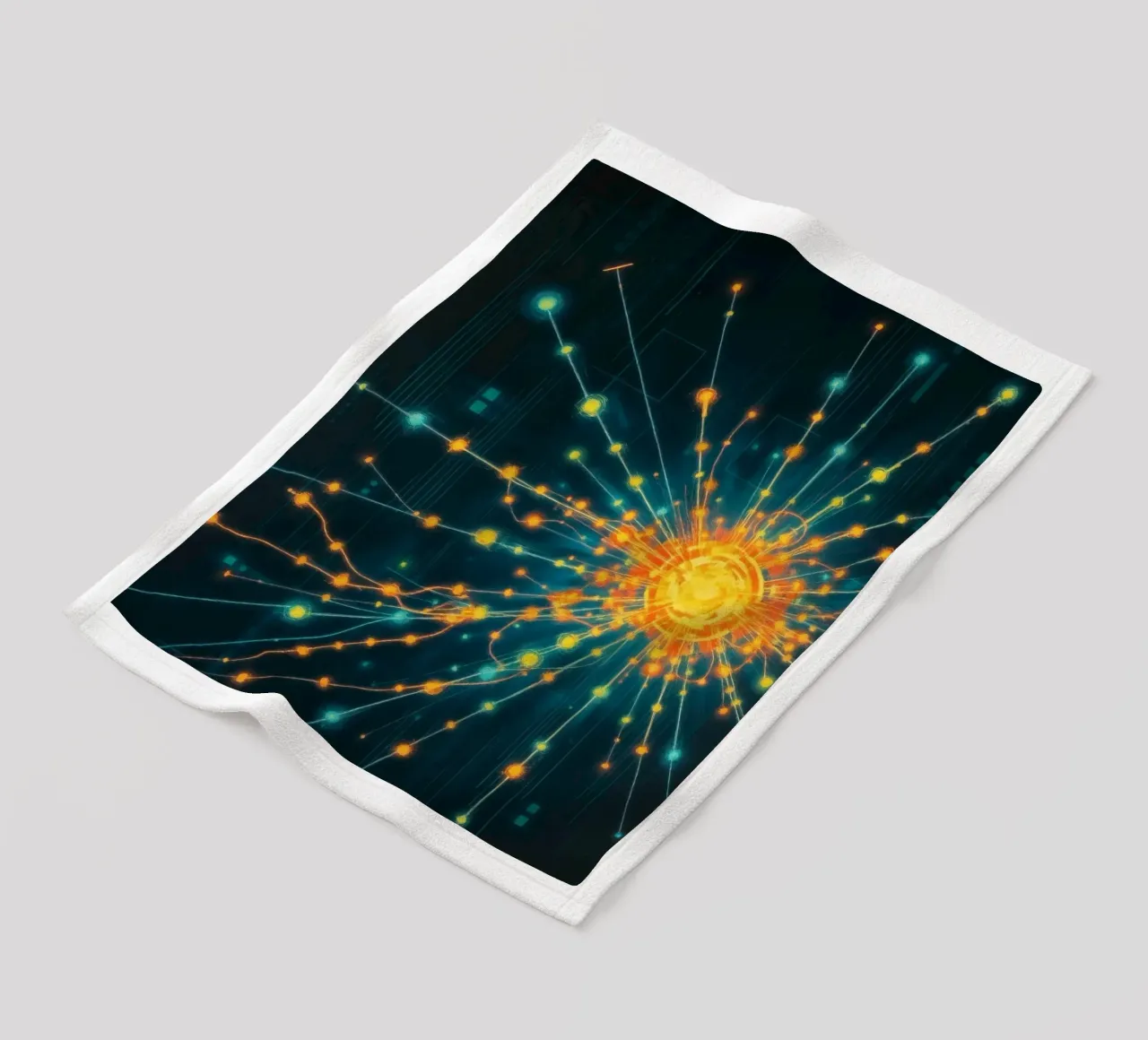Colorful representation of particle collision with energetic fleece blanket by DesignDoodle