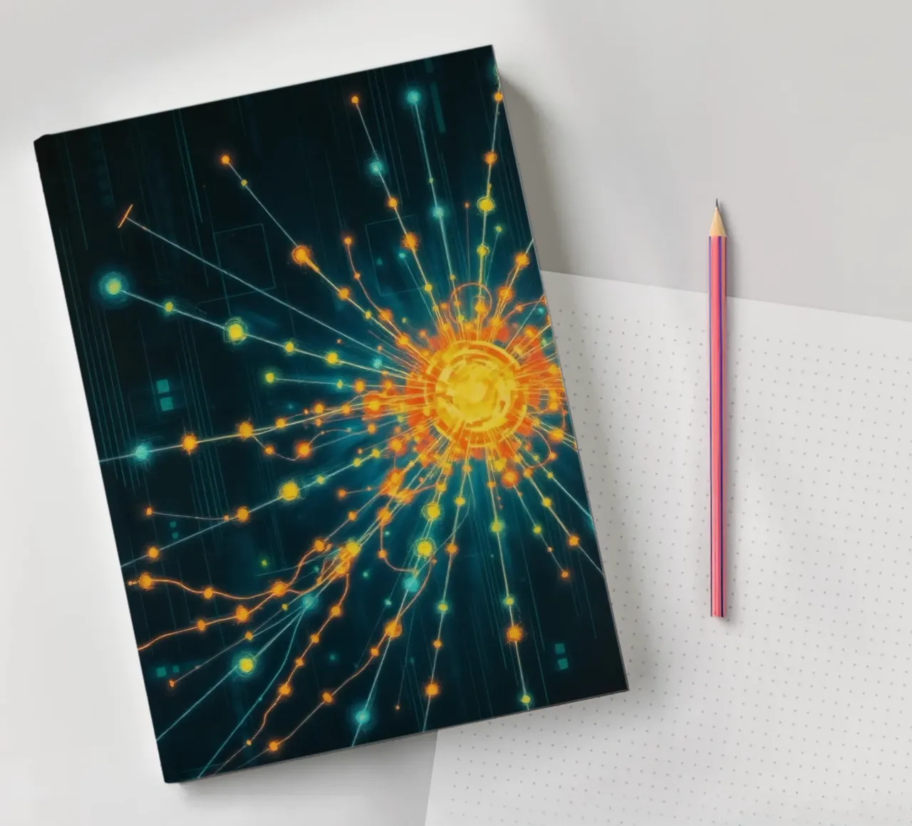 Colorful representation of particle collision with energetic notebook by DesignDoodle