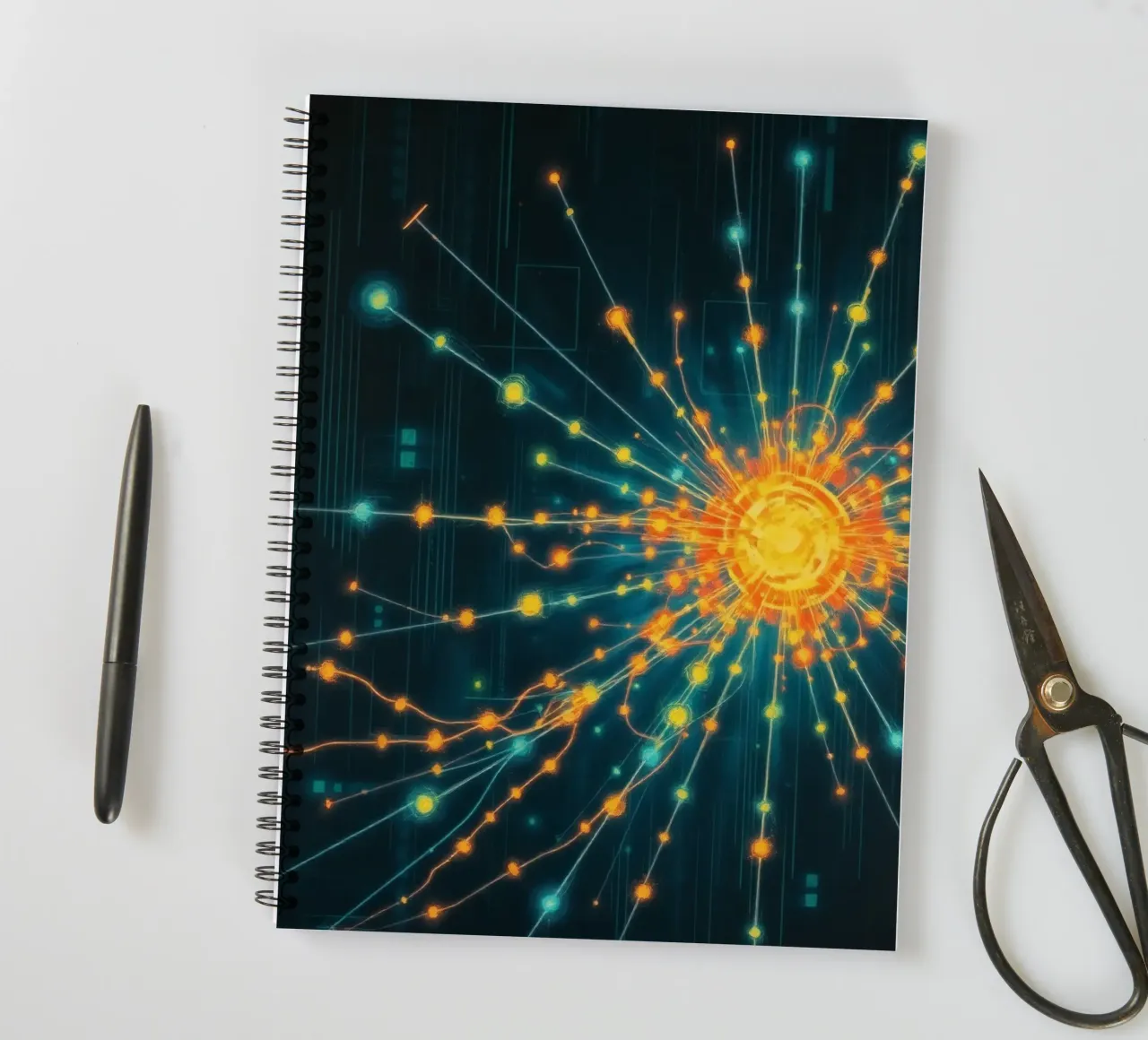 Colorful representation of particle collision with energetic spiral notebook by DesignDoodle