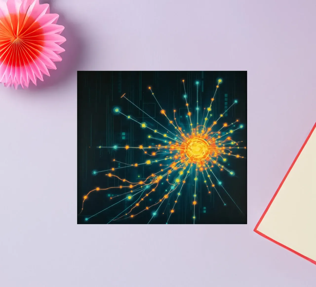 Représentation colorée de la collision d'une particule avec un élément énergétique autocollant de DesignDoodle