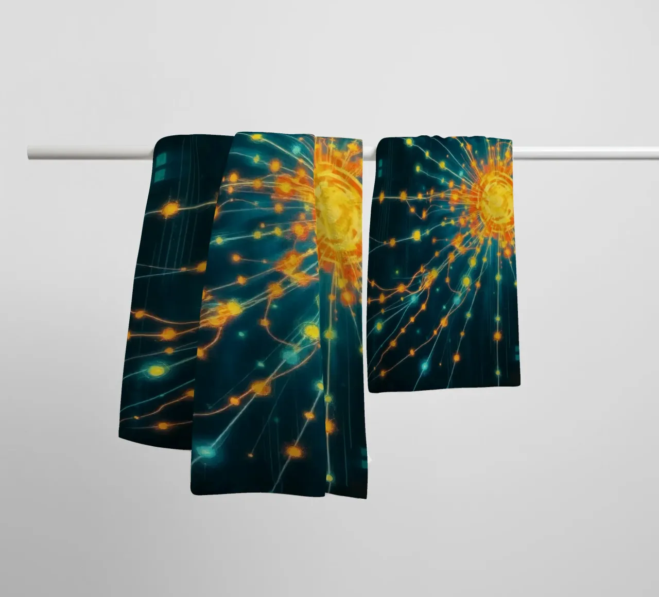 Représentation colorée de la collision d'une particule avec un élément énergétique serviette de bain de DesignDoodle