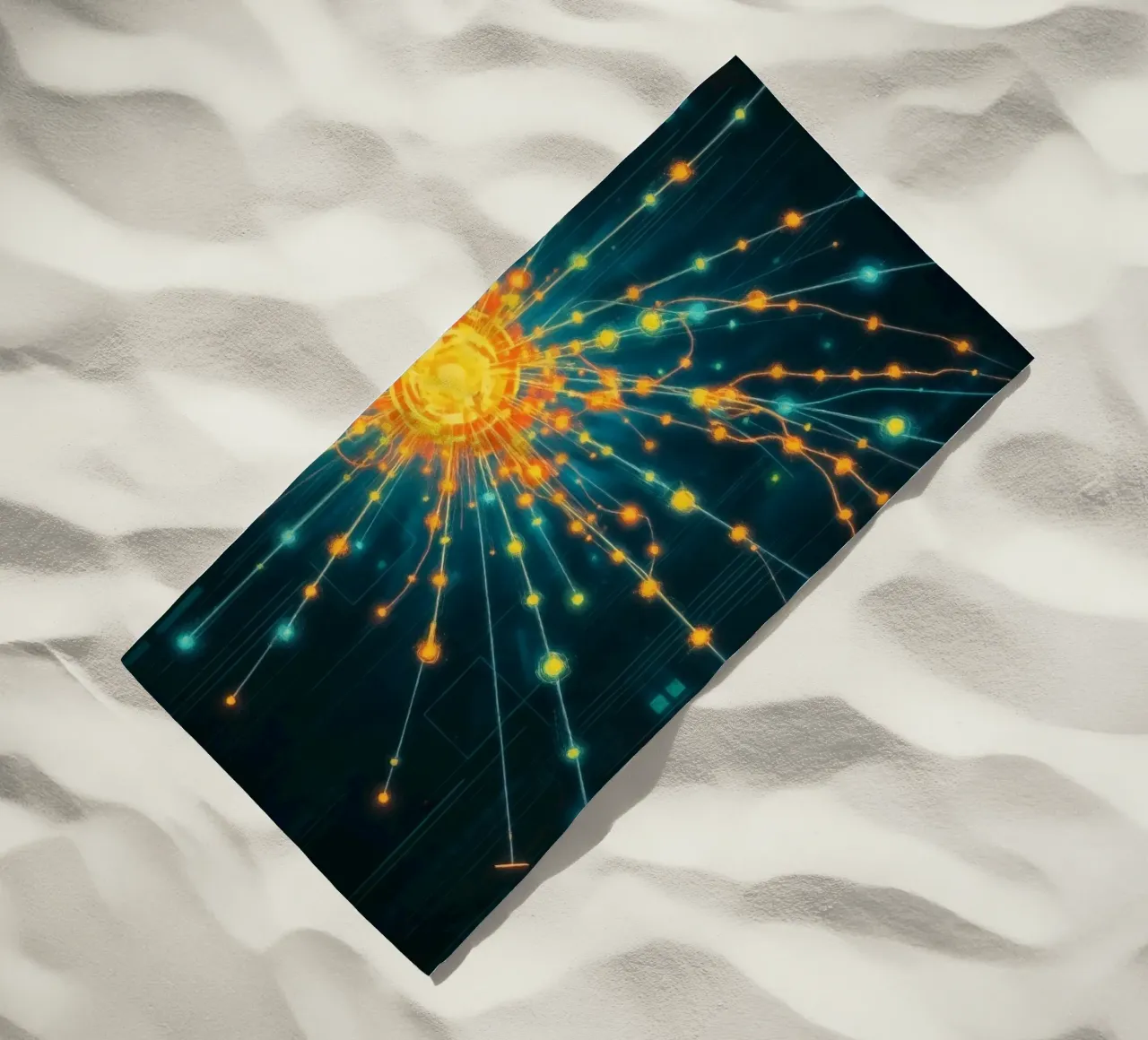 Représentation colorée de la collision d'une particule avec un élément énergétique serviette de plage de DesignDoodle
