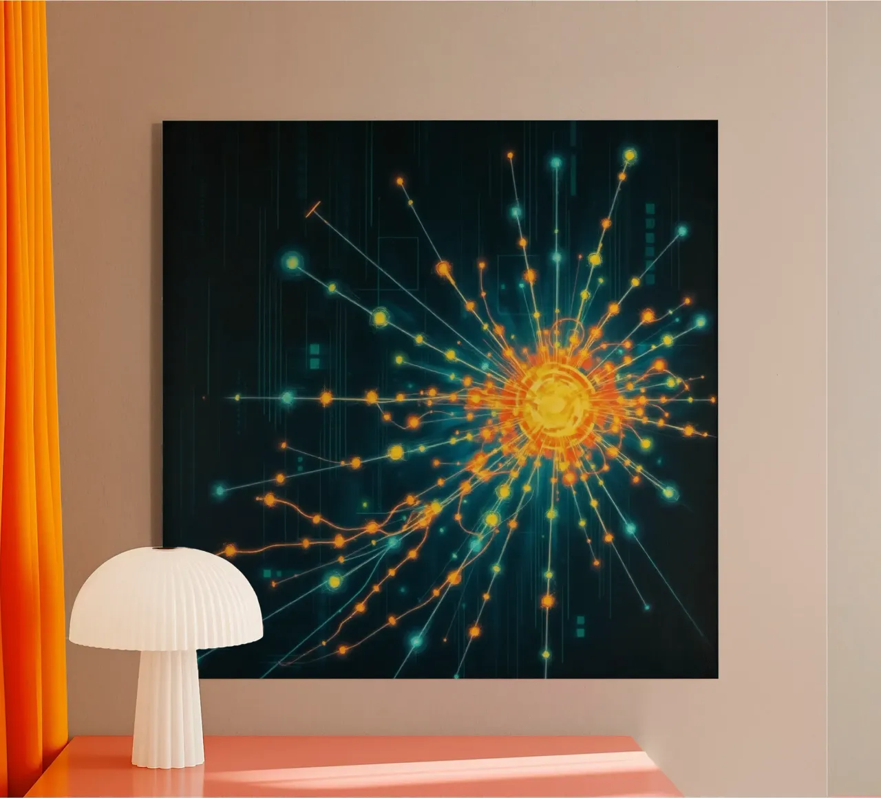 Représentation colorée de la collision d'une particule avec un élément énergétique plexiglas de DesignDoodle