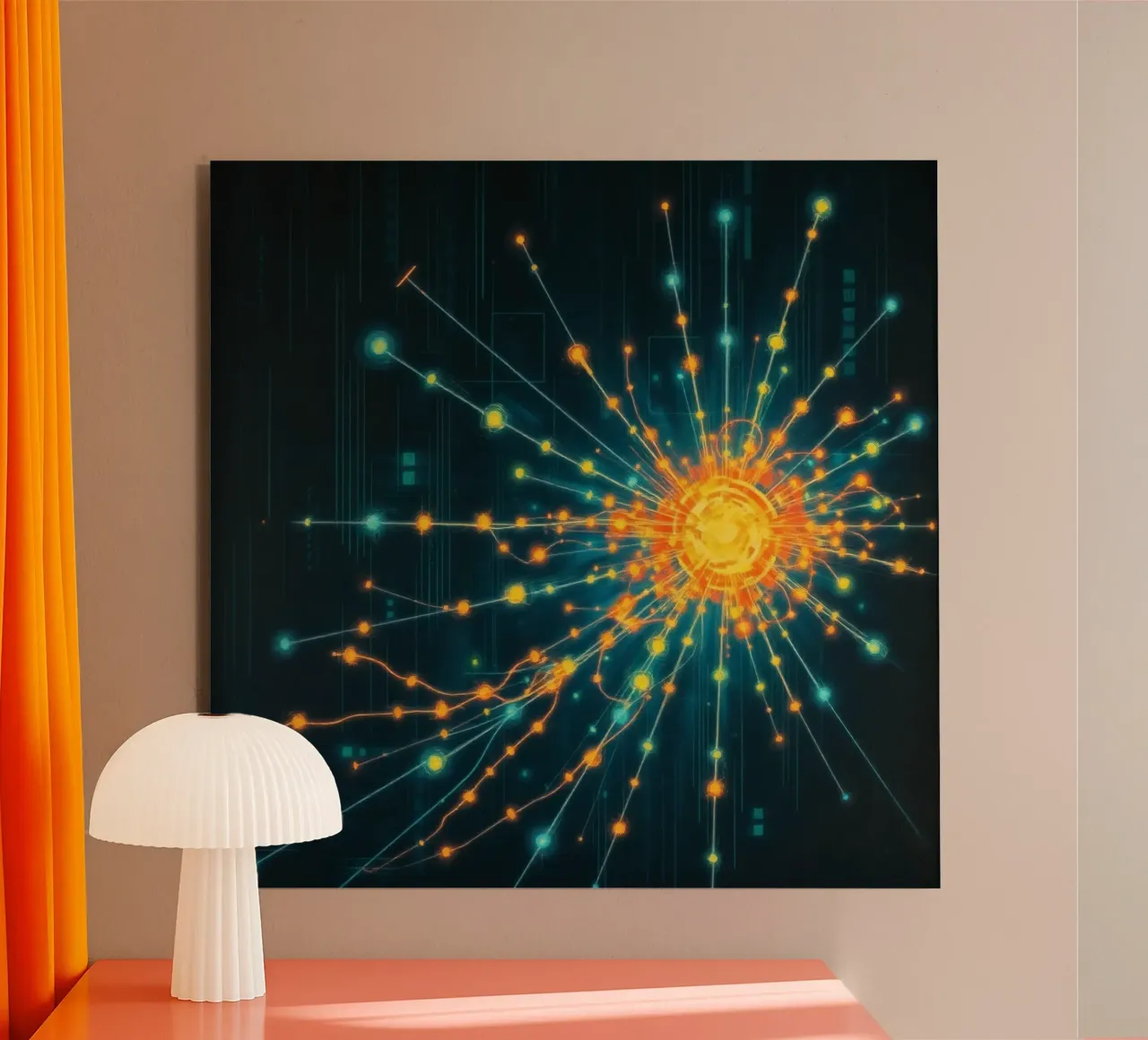 Représentation colorée de la collision d'une particule avec un élément énergétique alu dibond de DesignDoodle