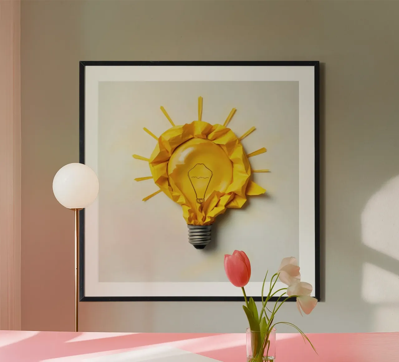 Design creativo di lampadine con carta gialla stropicciata poster con telaio in legno da DesignDoodle