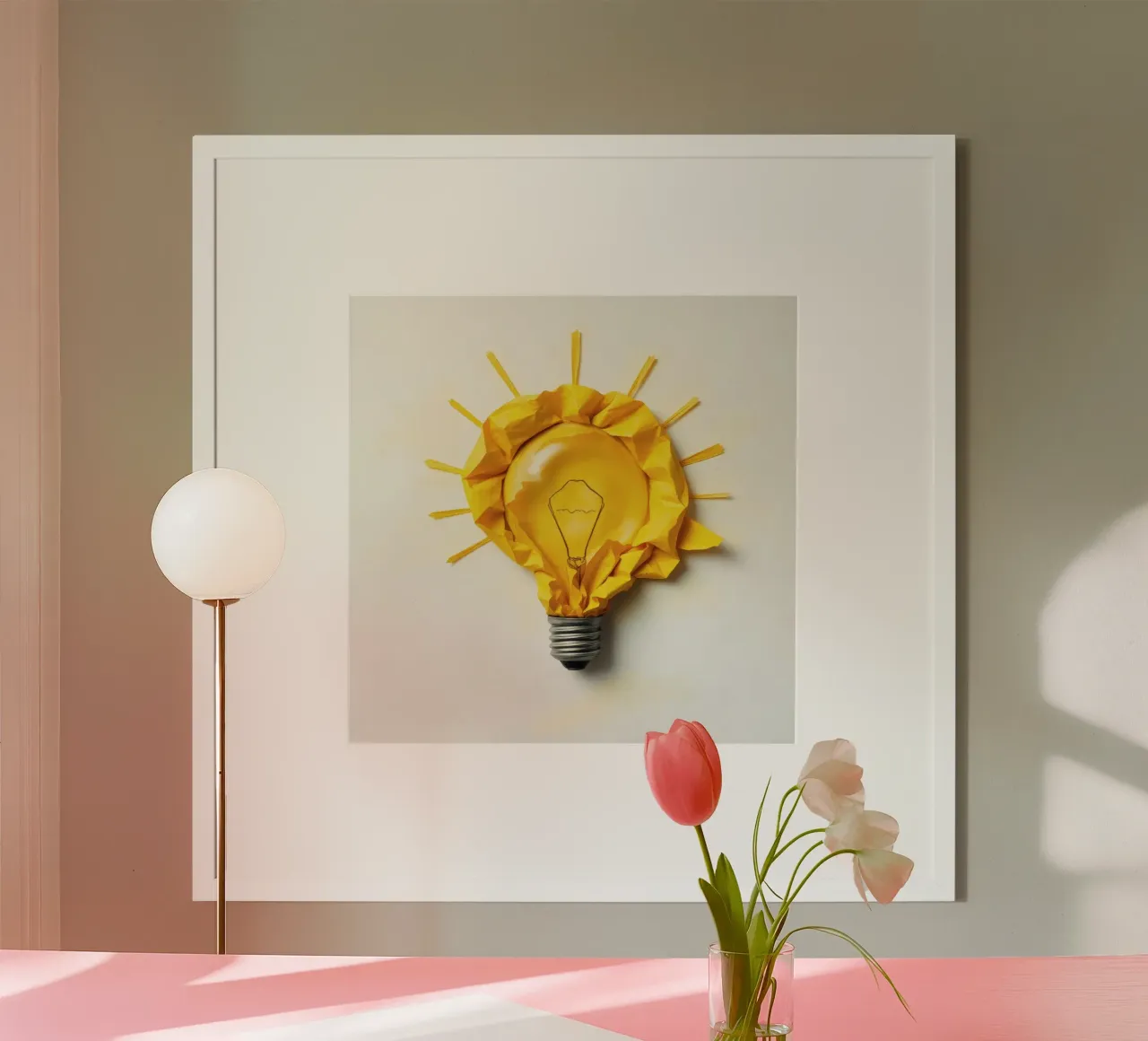 Design creativo di lampadine con carta gialla stropicciata poster con telaio in legno da DesignDoodle