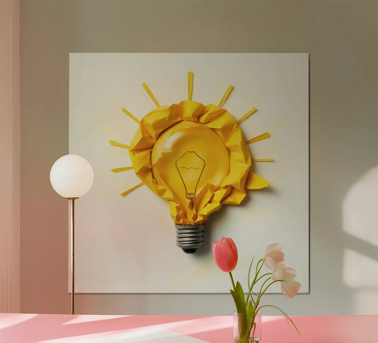 Design creativo di lampadine con carta gialla stropicciata poster con telaio in legno da DesignDoodle