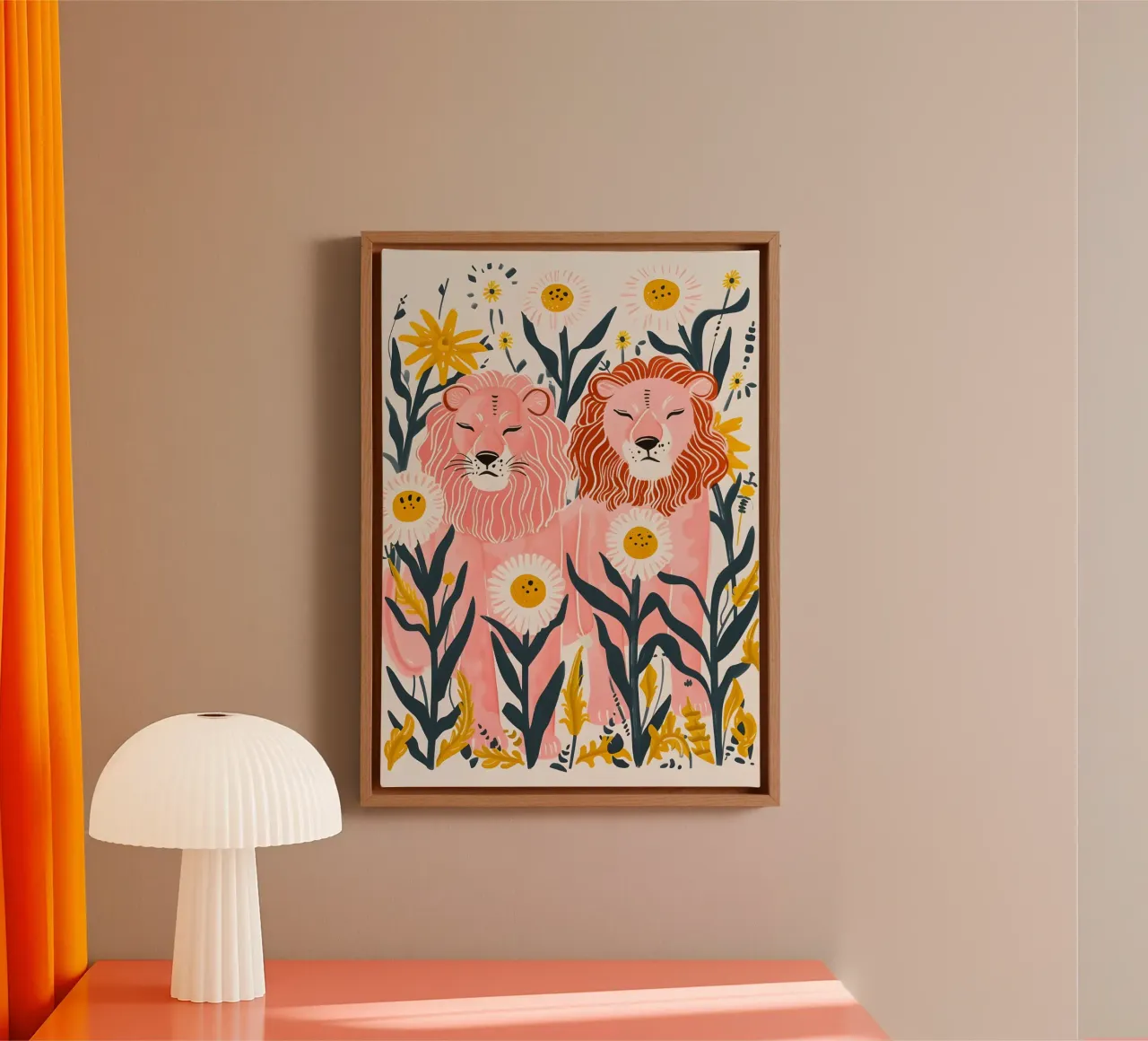 Psychedelische Leeuw Bloemen Bloei Retro Dier Pop Art canvas met Baklijst van NorwesClub