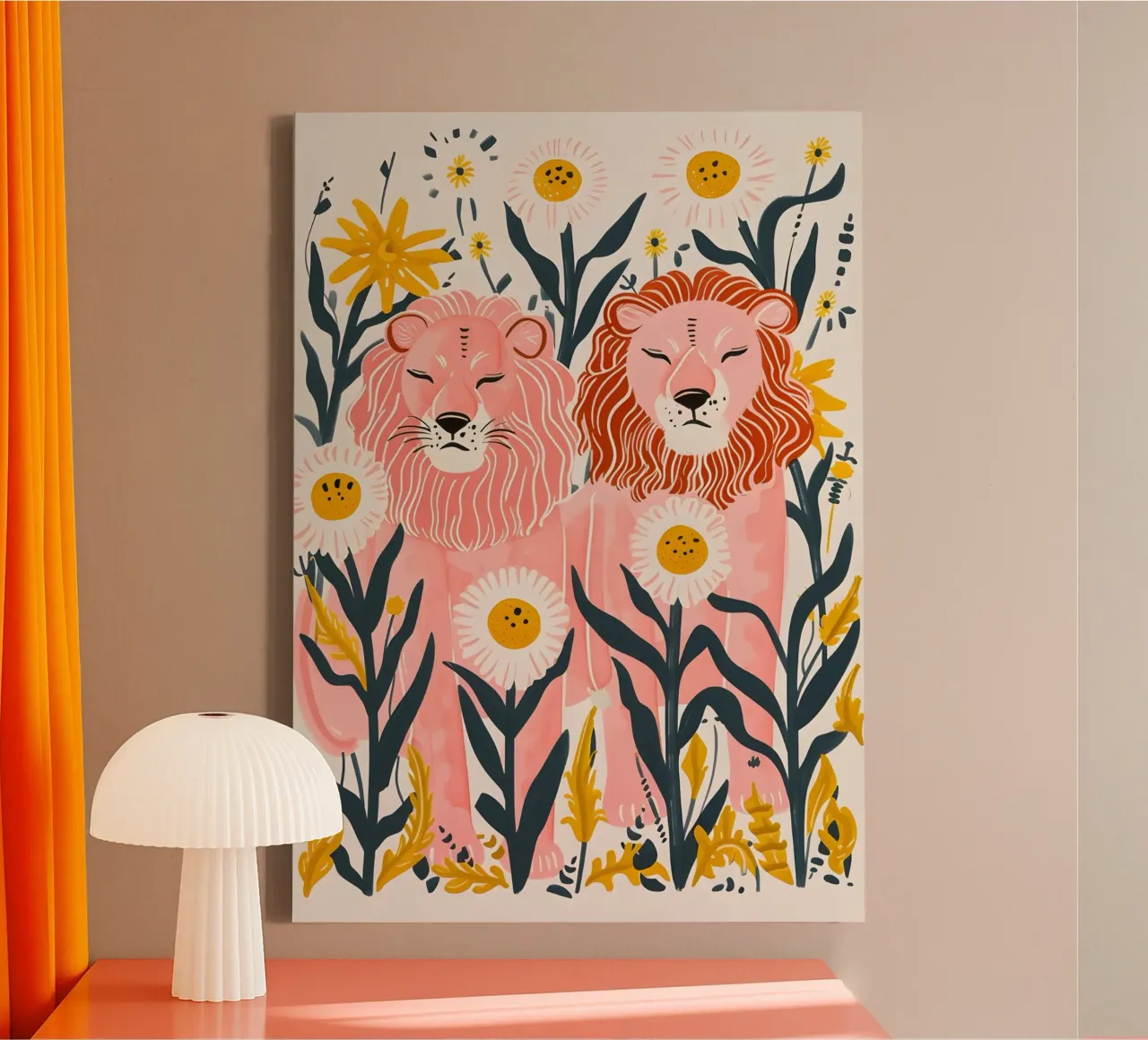 Psychedelische Leeuw Bloemen Bloei Retro Dier Pop Art canvas met Baklijst van NorwesClub