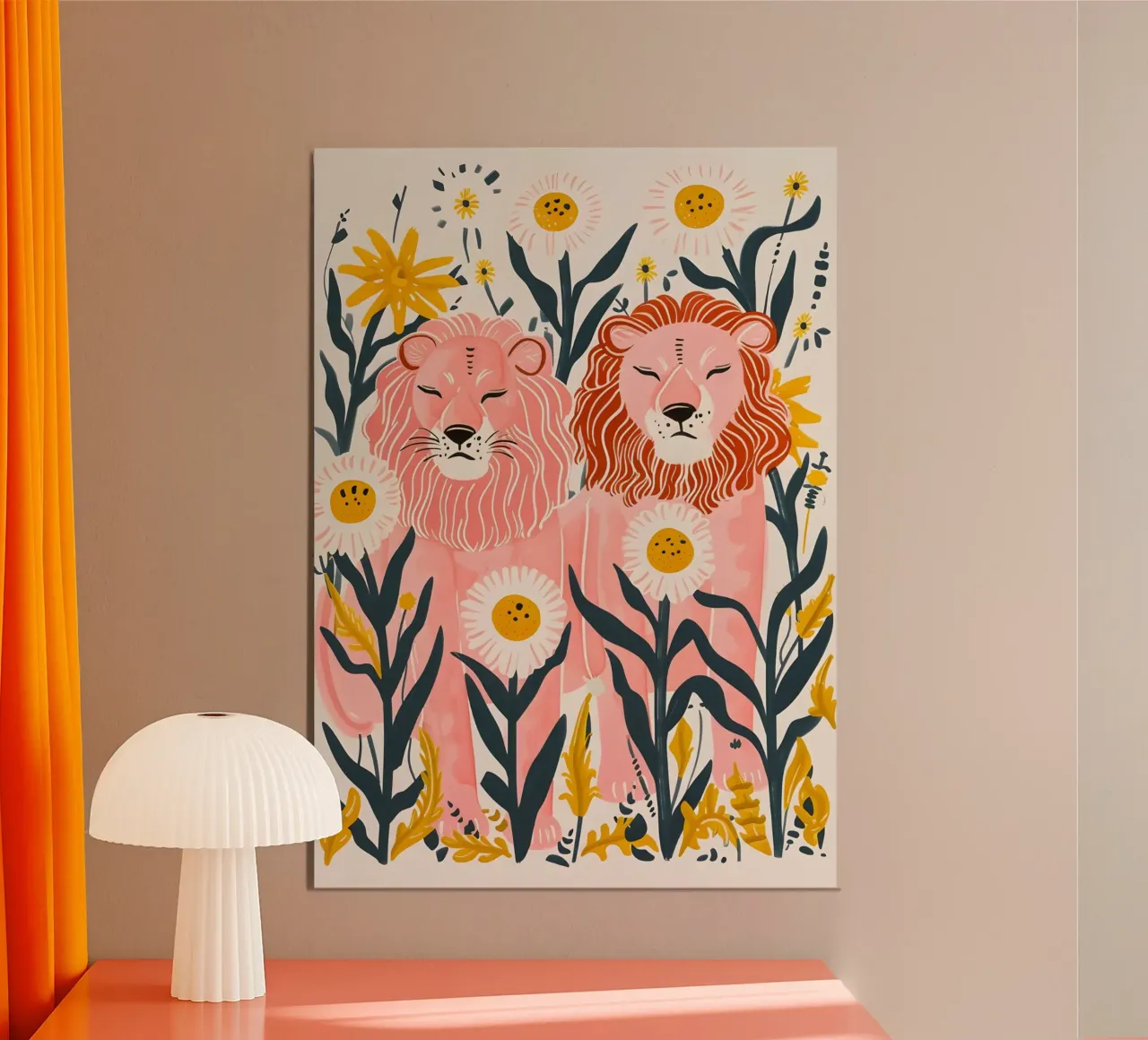 Leone psichedelico fioritura floreale animali retrò Pop Art poster con telaio in alluminio da NorwesClub