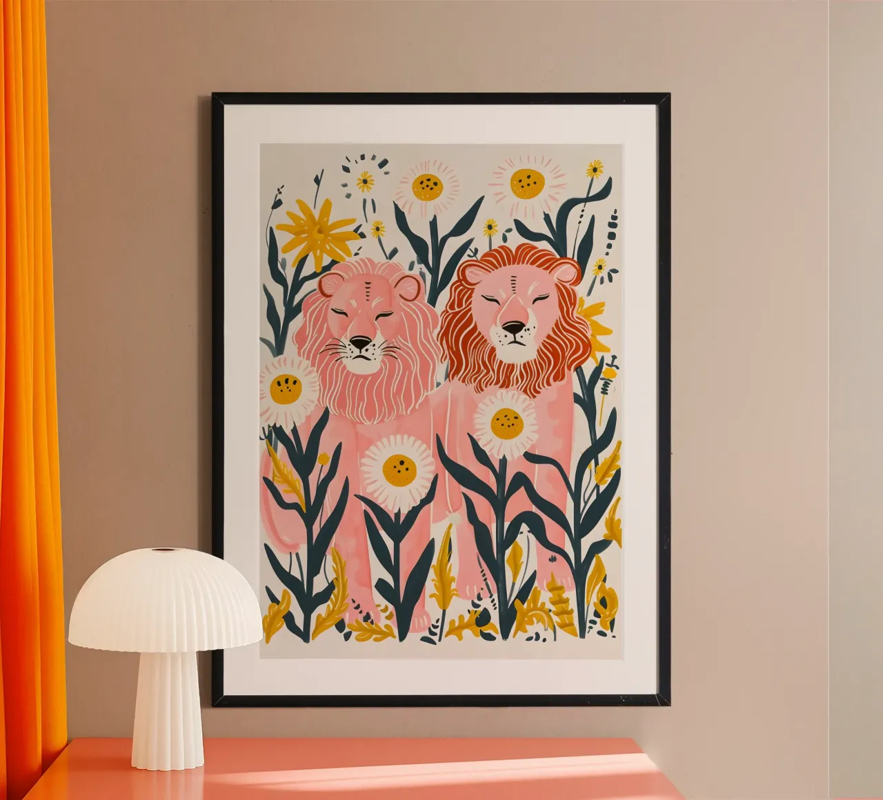 Leone psichedelico fioritura floreale animali retrò Pop Art poster con telaio in alluminio da NorwesClub