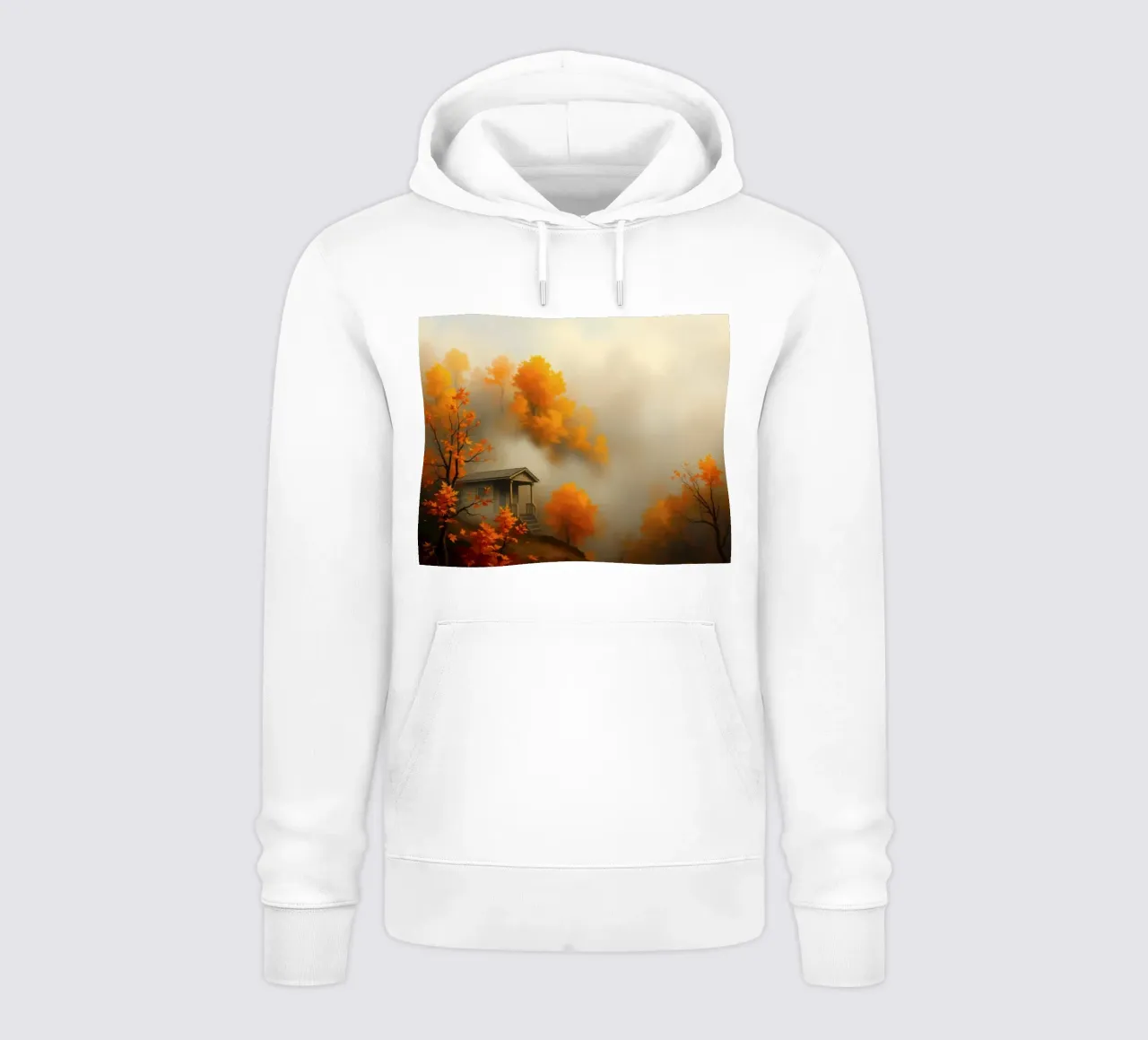 Accogliente baita circondata da un vivace fogliame autunnale immerso nella nebbia felpa con cappuccio da DesignDoodle