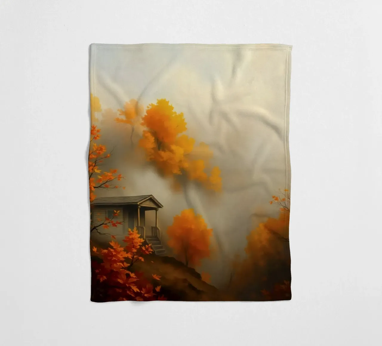 Accogliente baita circondata da un vivace fogliame autunnale immerso nella nebbia coperta in pile da DesignDoodle