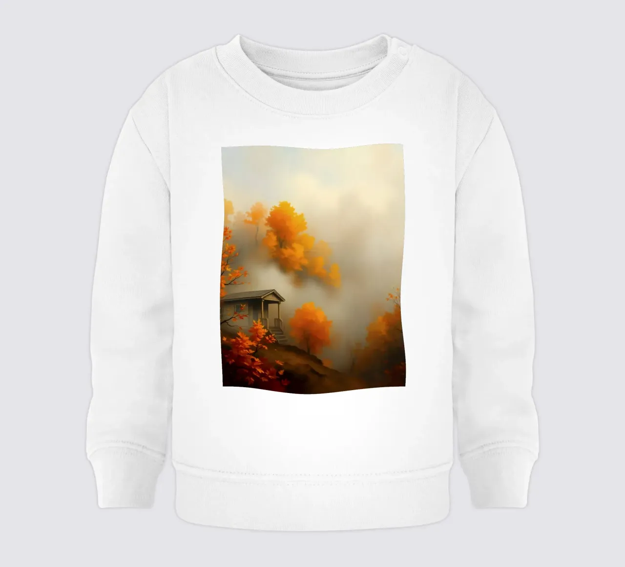 Accogliente baita circondata da un vivace fogliame autunnale immerso nella nebbia felpa neonato da DesignDoodle