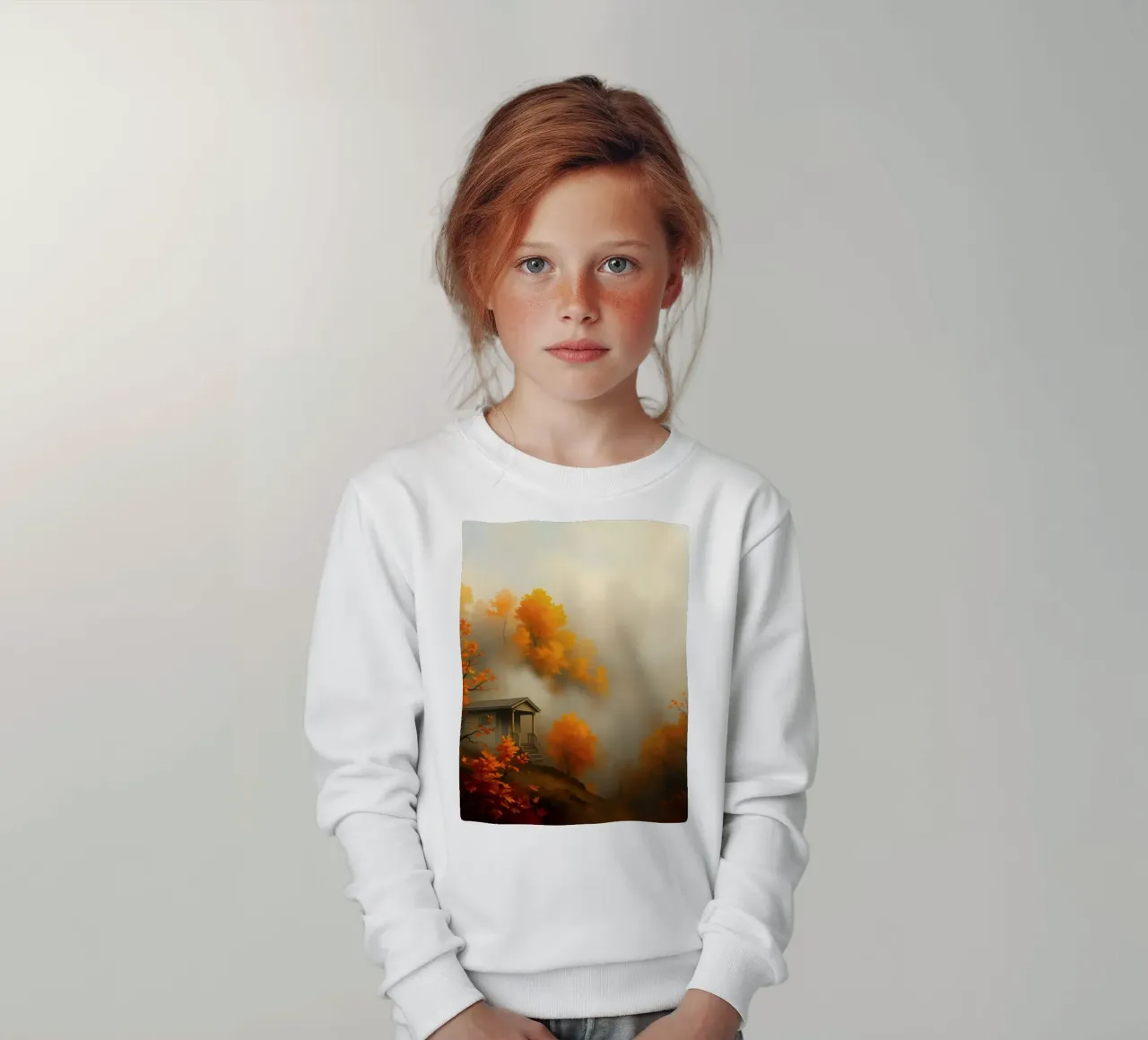 Accogliente baita circondata da un vivace fogliame autunnale immerso nella nebbia felpa bambino da DesignDoodle