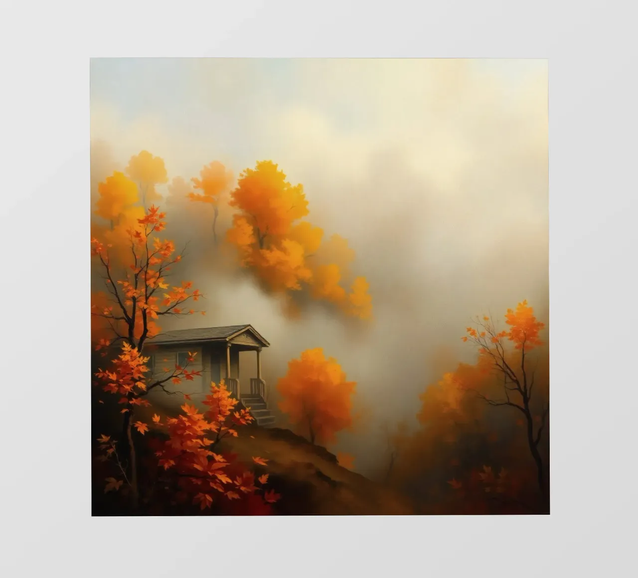 Accogliente baita circondata da un vivace fogliame autunnale immerso nella nebbia pellicola backlit da DesignDoodle