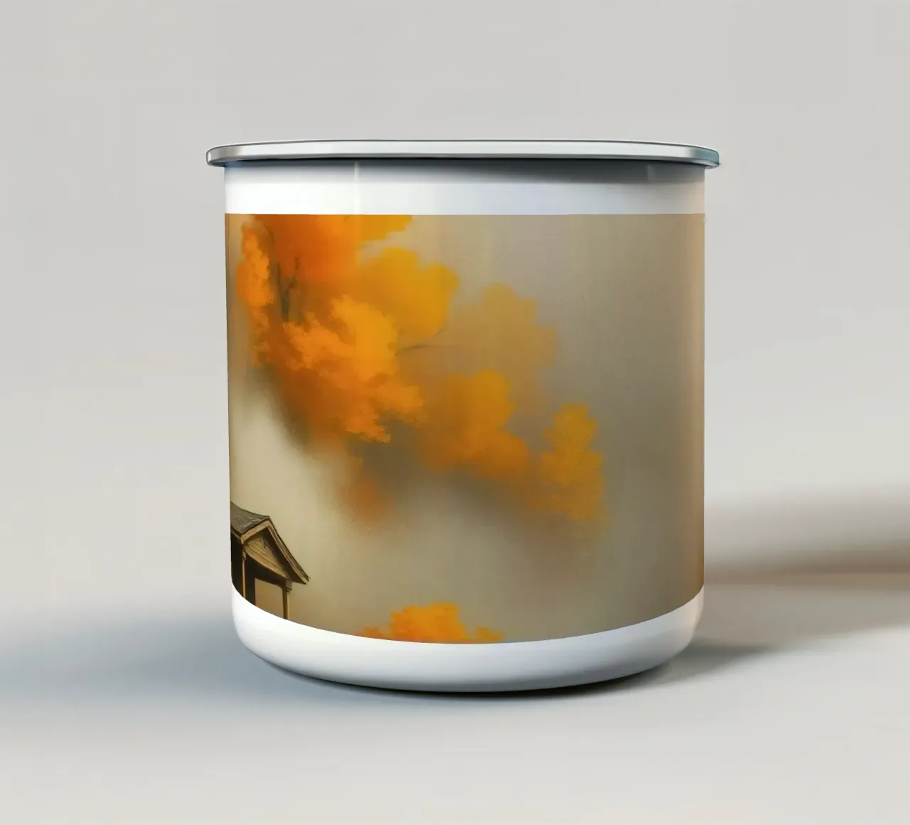 Accogliente baita circondata da un vivace fogliame autunnale immerso nella nebbia tazza in smalto da DesignDoodle