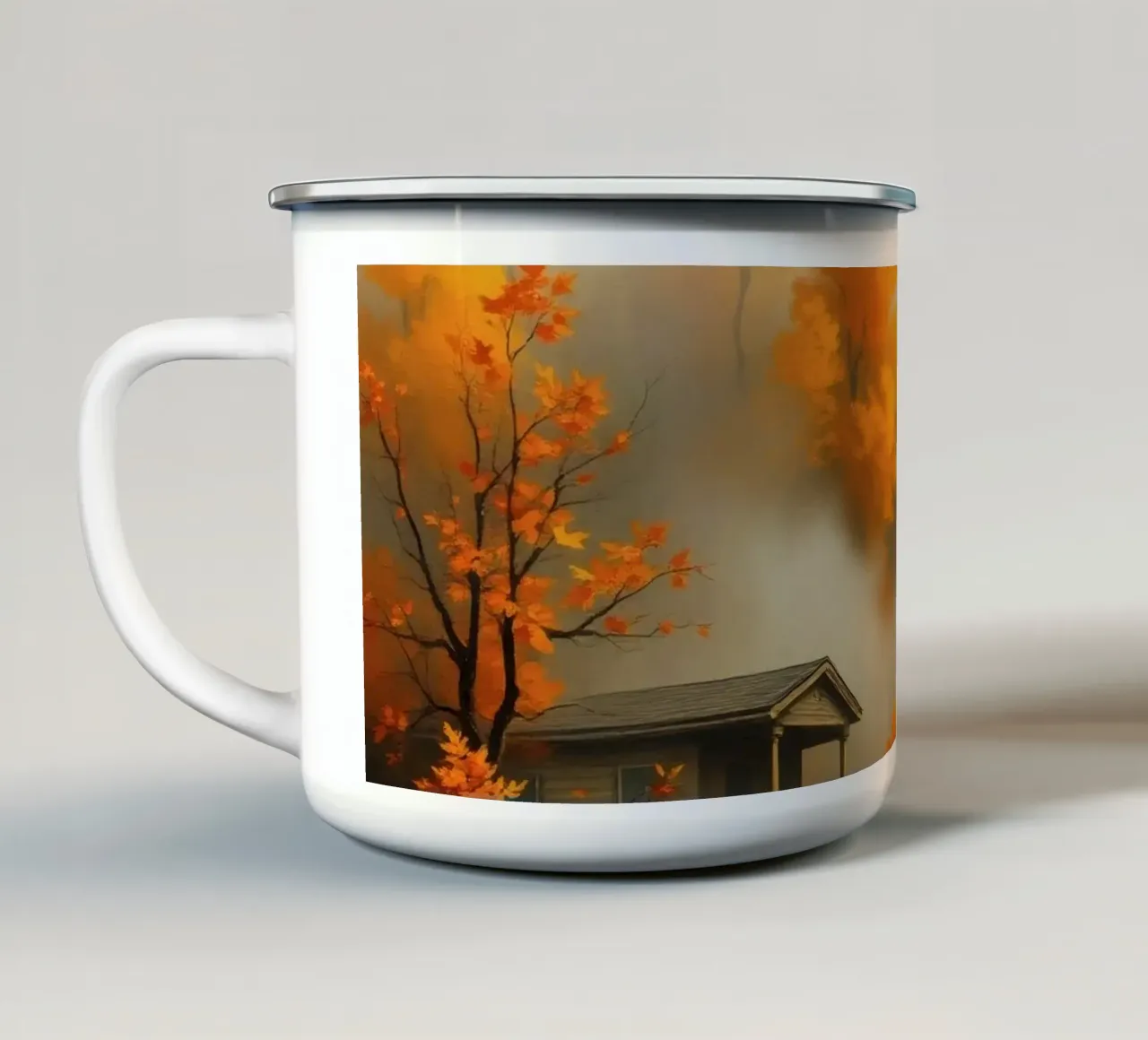 Accogliente baita circondata da un vivace fogliame autunnale immerso nella nebbia tazza in smalto da DesignDoodle