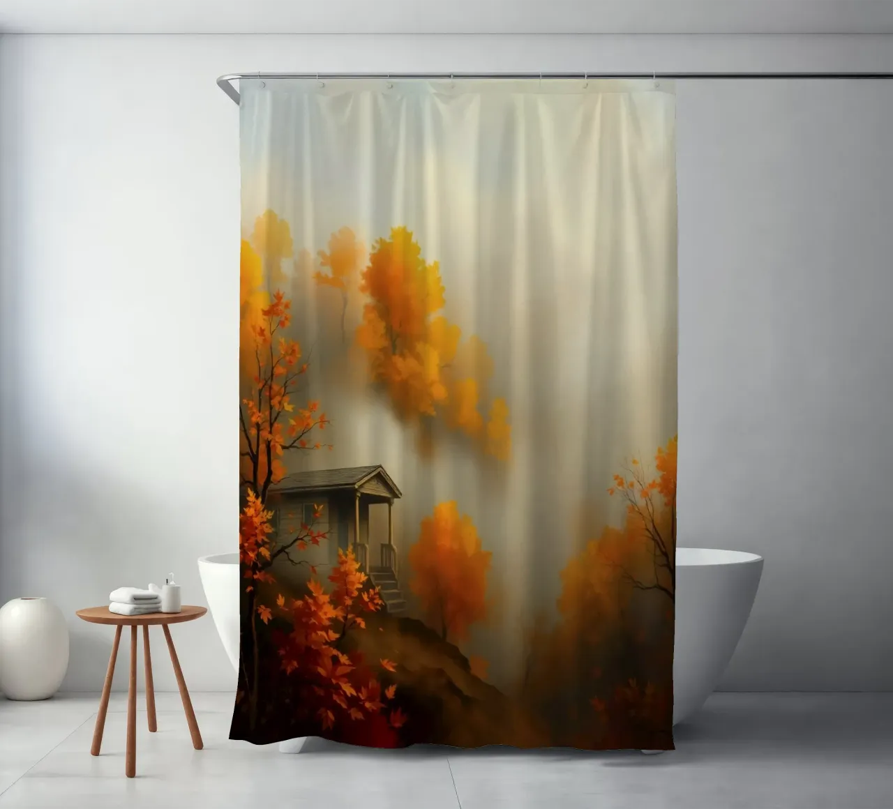 Accogliente baita circondata da un vivace fogliame autunnale immerso nella nebbia tenda da doccia da DesignDoodle