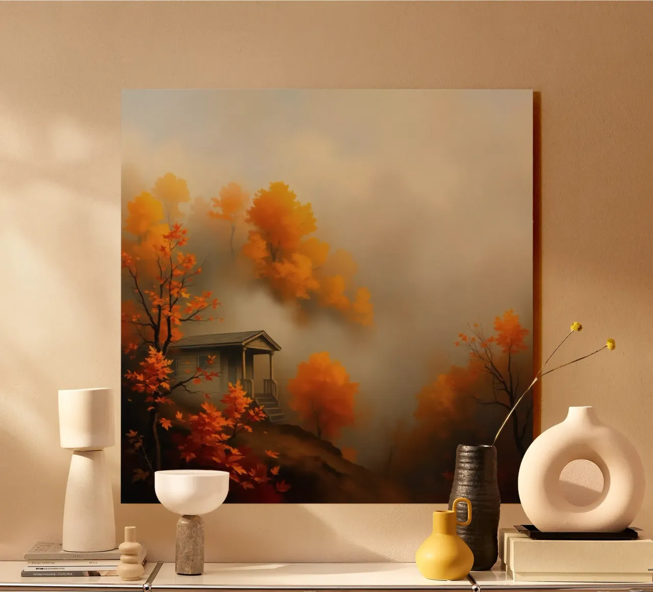 Accogliente baita circondata da un vivace fogliame autunnale immerso nella nebbia alluminio dibond da DesignDoodle