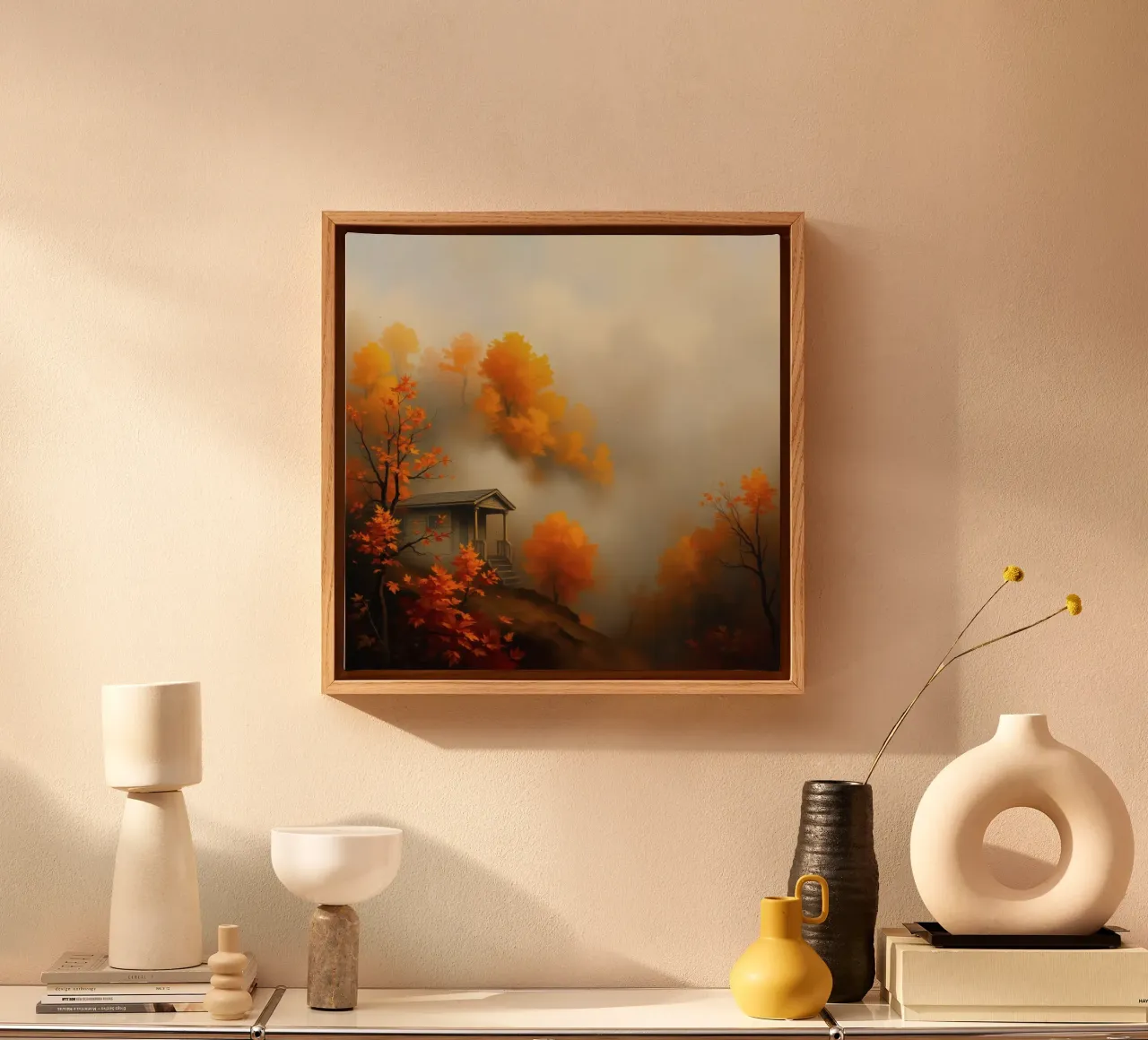 Accogliente baita circondata da un vivace fogliame autunnale immerso nella nebbia tela con Cornice a cassetta da DesignDoodle
