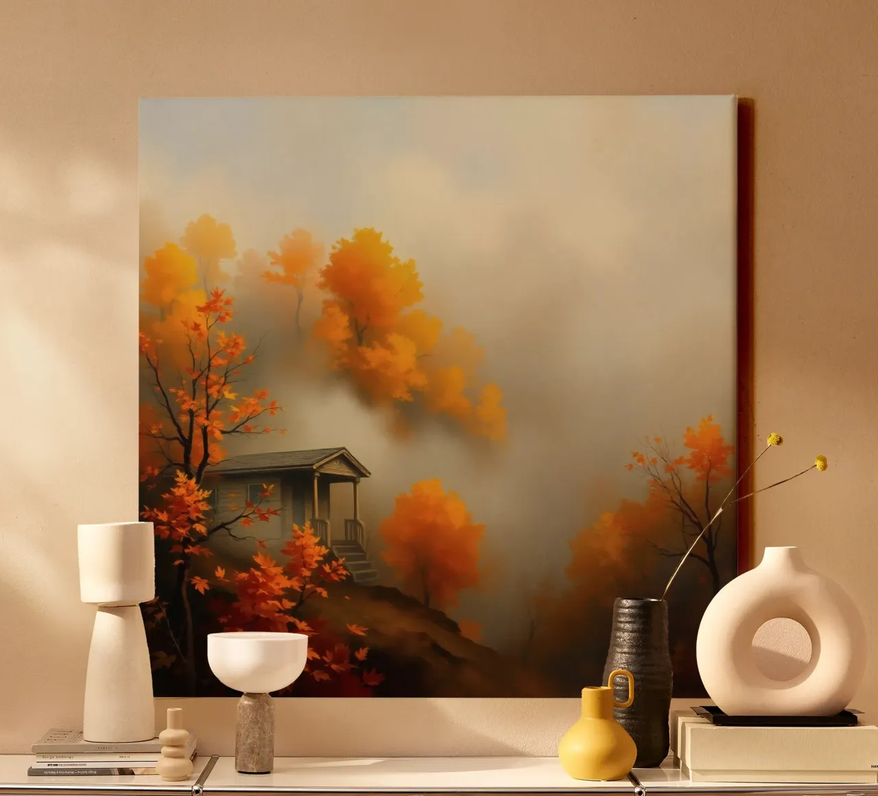 Accogliente baita circondata da un vivace fogliame autunnale immerso nella nebbia tela con Cornice a cassetta da DesignDoodle