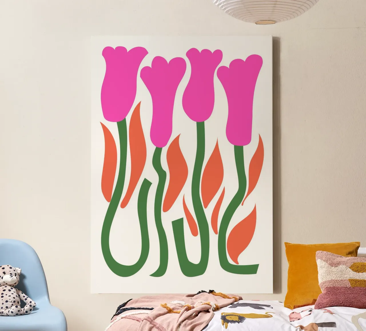 Retro Tulp Bloem Pop Art Roze Oranje Botanische Print canvas van NorwesClub
