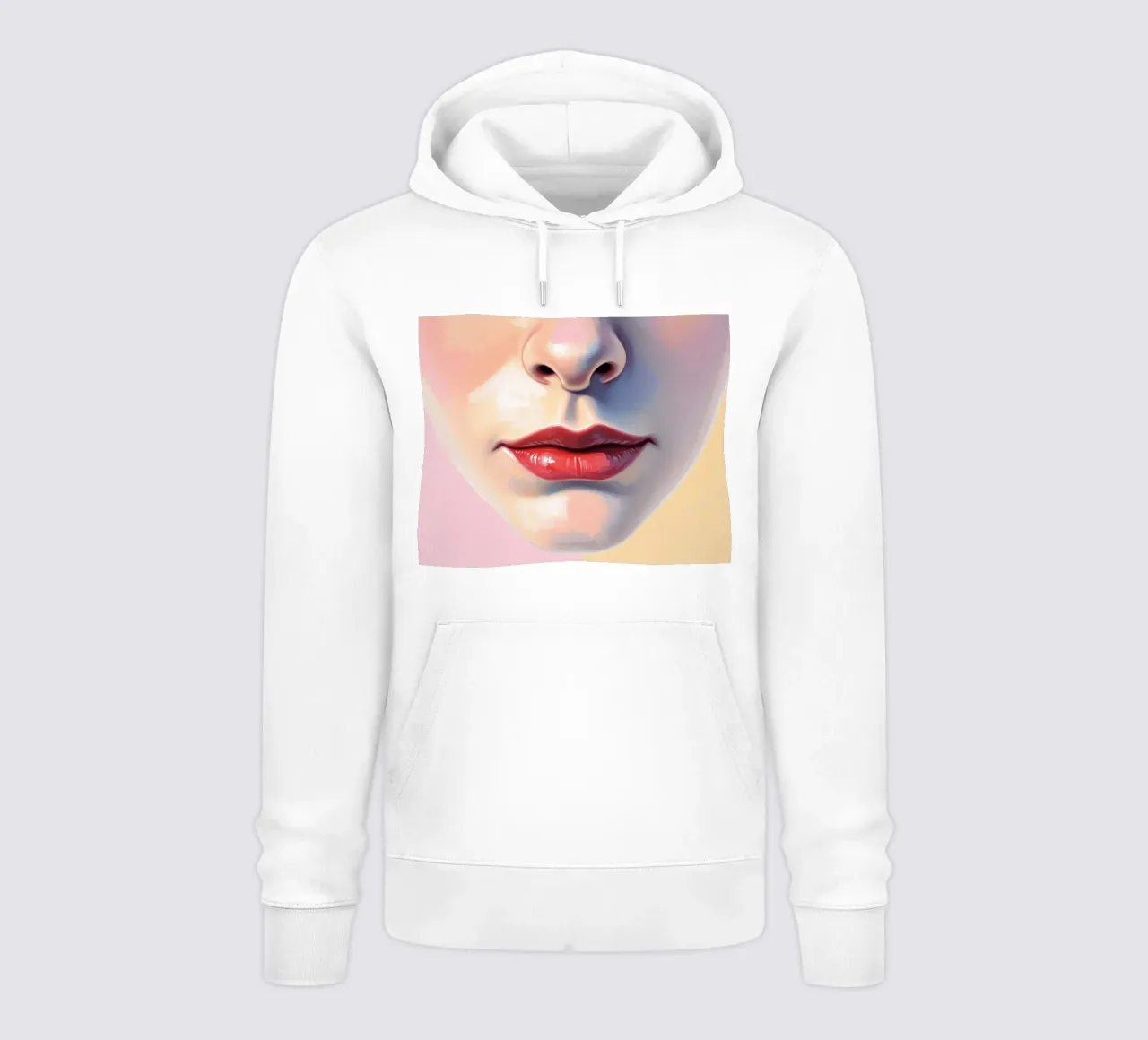 un volto stilizzato che mostra un rossetto vibrante e una pelle liscia felpa con cappuccio da DesignDoodle