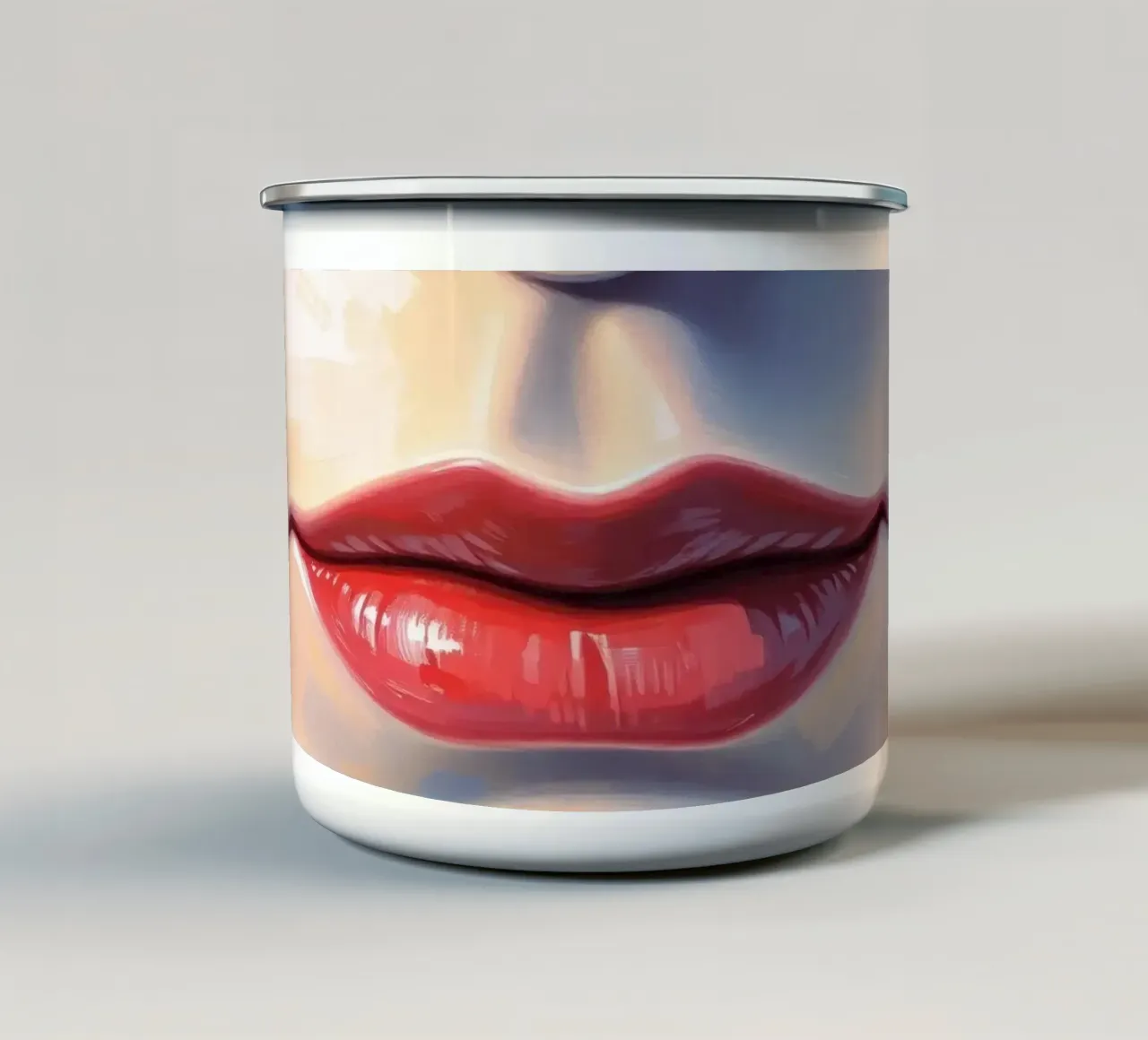 un volto stilizzato che mostra un rossetto vibrante e una pelle liscia tazza in smalto da DesignDoodle