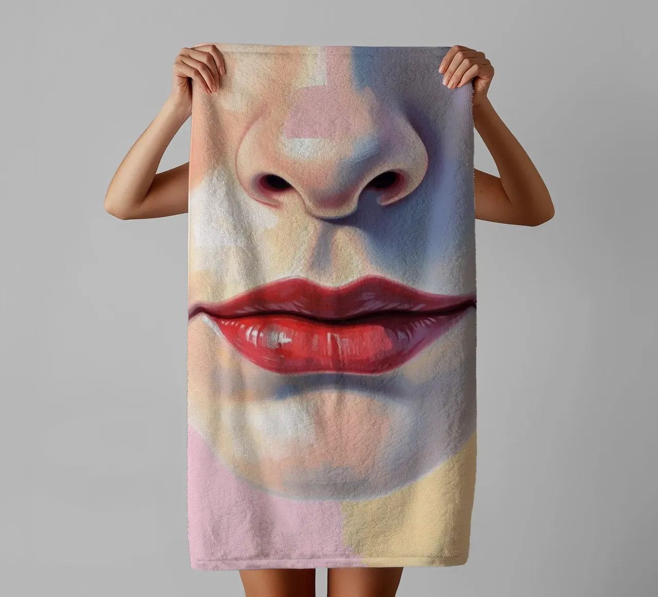 un volto stilizzato che mostra un rossetto vibrante e una pelle liscia asciugamano da bagno da DesignDoodle