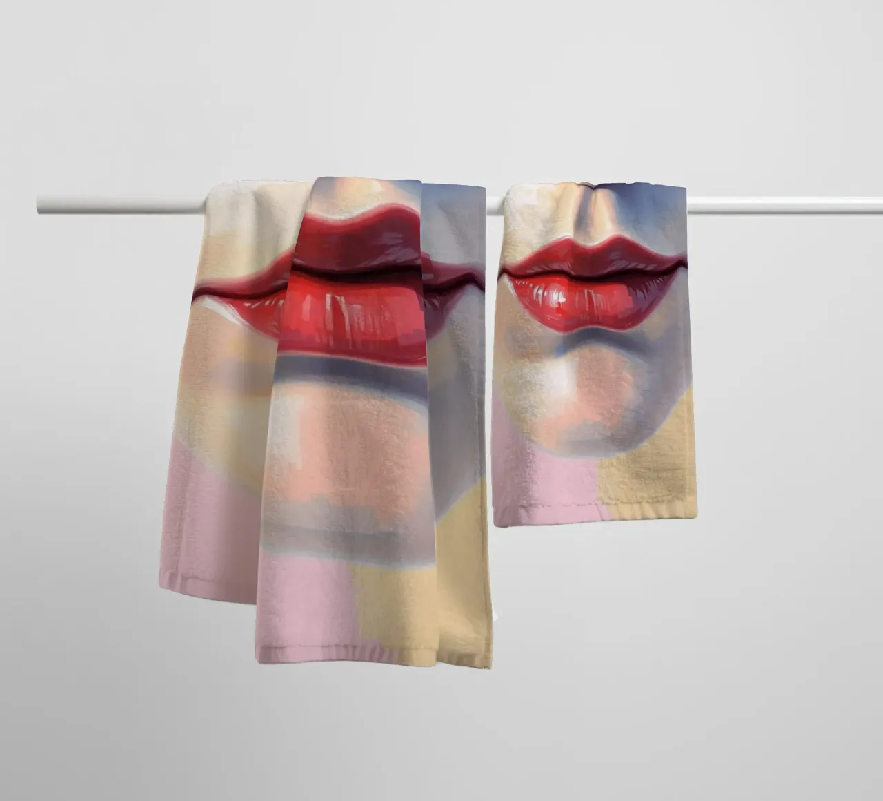 un volto stilizzato che mostra un rossetto vibrante e una pelle liscia asciugamano da bagno da DesignDoodle