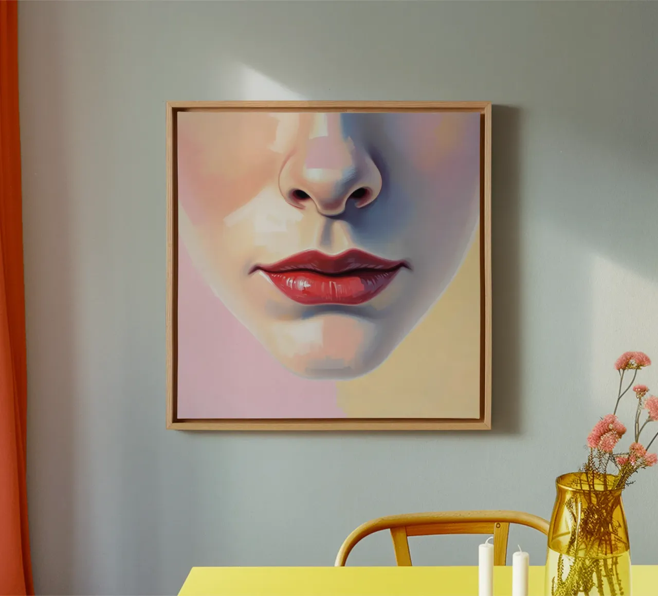 een gestileerd gezicht met levendige lippenstift en een gladde huid canvas met Baklijst van DesignDoodle